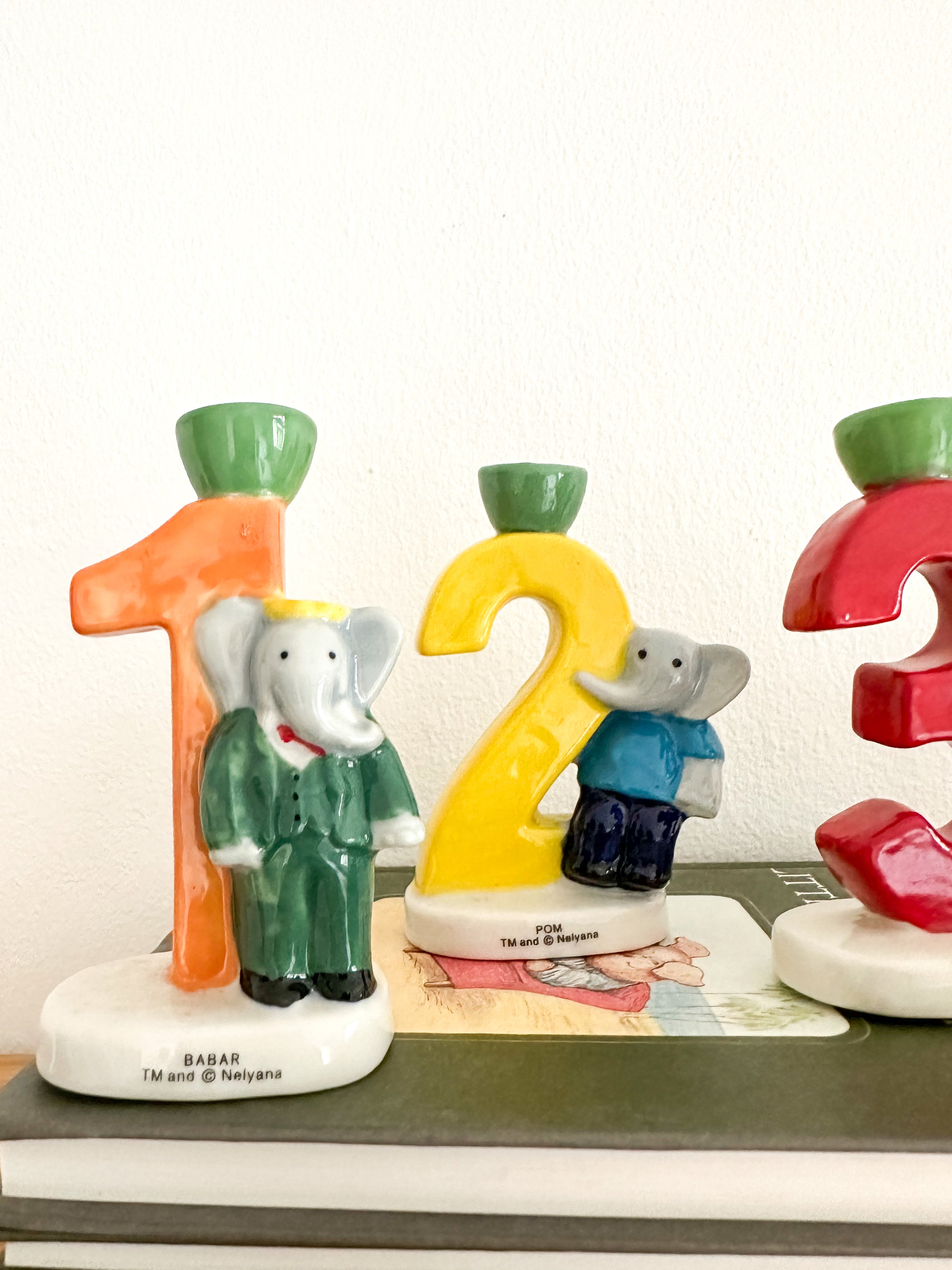 Vintage French ceramic china Babar the Elephant birthday candle holder set ages 1, 2, 3, 4, 5 - Moppet