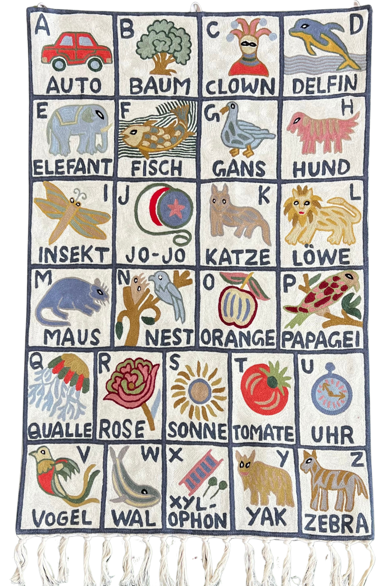 Handmade German alphabet ABC (das deutsche Alphabet) crewel wall hanging tapestry | Sumbal - Moppet
