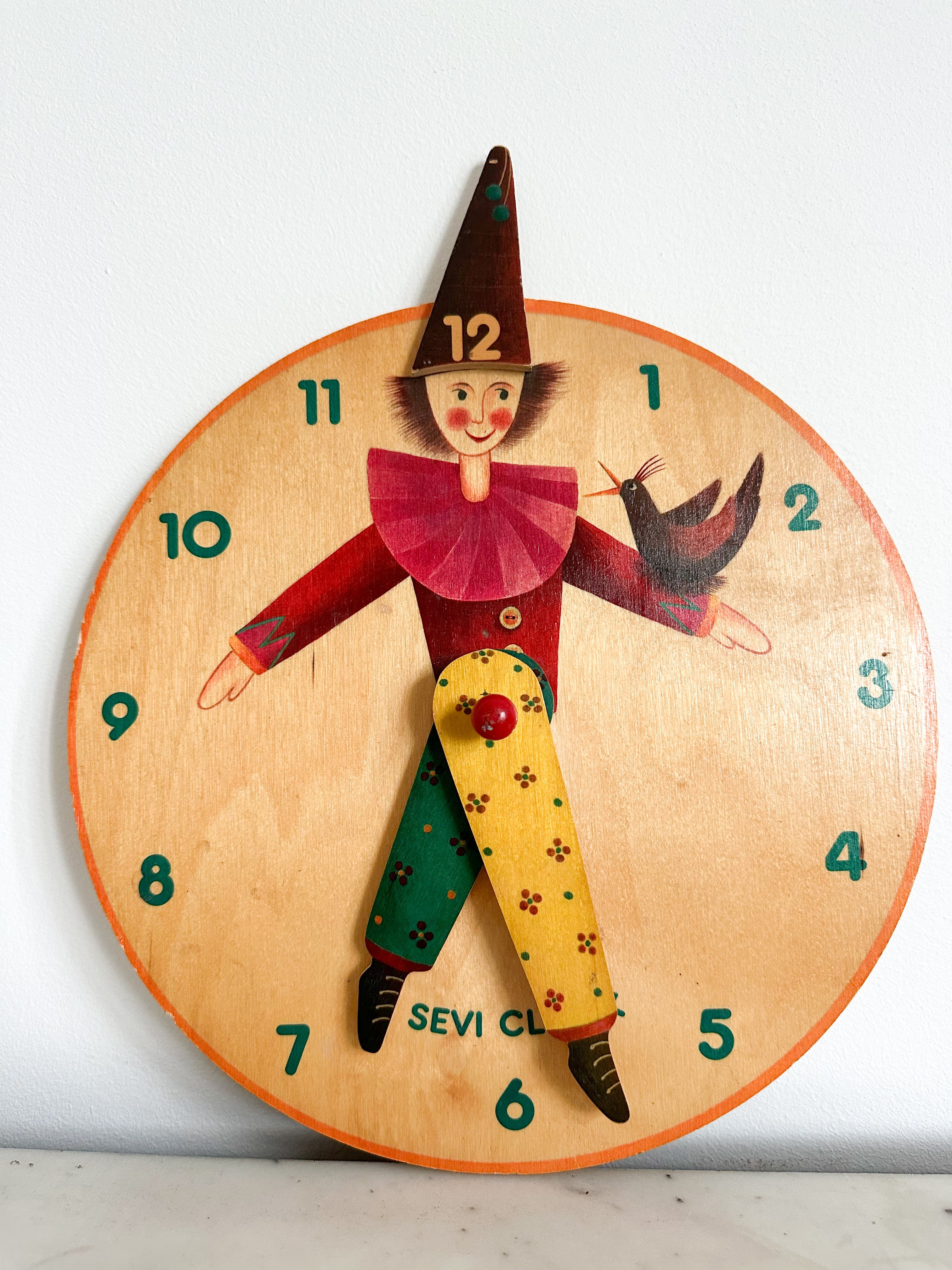 Vintage Italian wooden wall-hanging learning clock with circus clown theme, by Sevi 1831 - Moppet