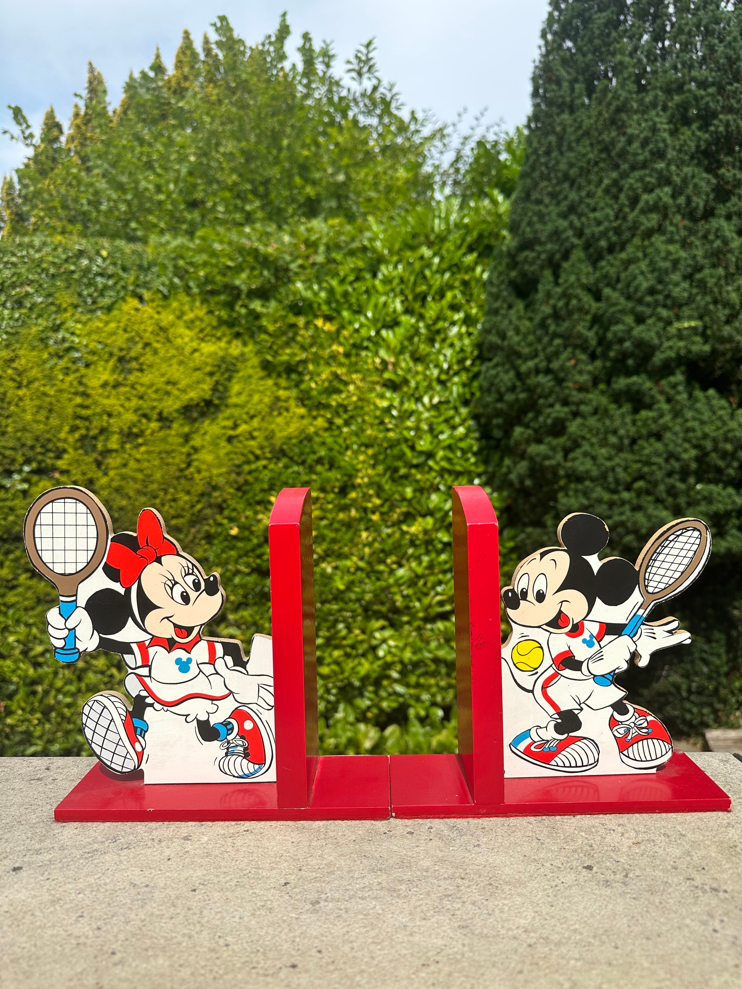 Pair of rare vintage French wooden Mickey Mouse & Minne Mouse playing tennis Disney bookends, by Vilac - Moppet