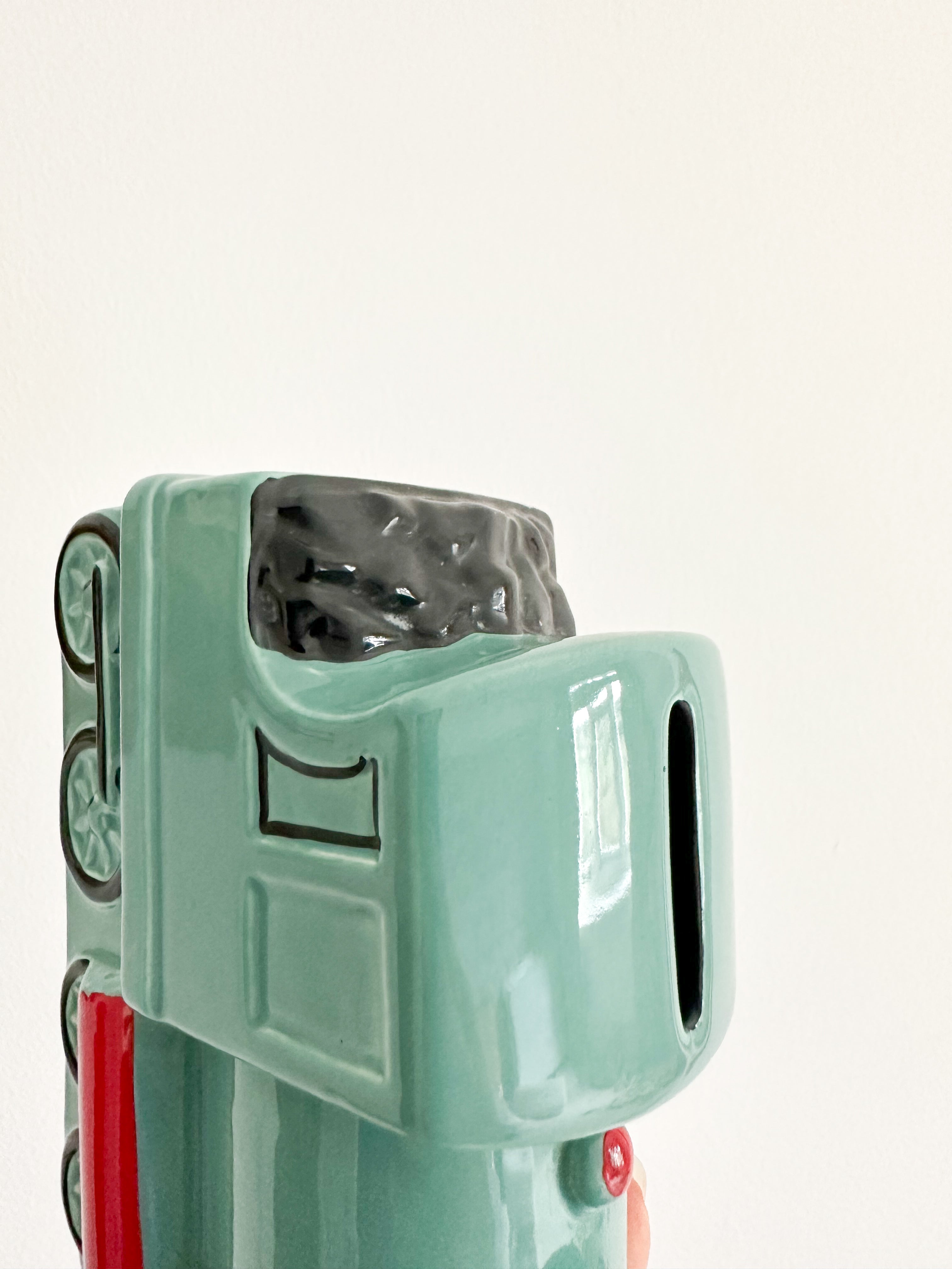Vintage ceramic train piggy bank or money box, in turquoise and red, by Crown Devon England - Moppet