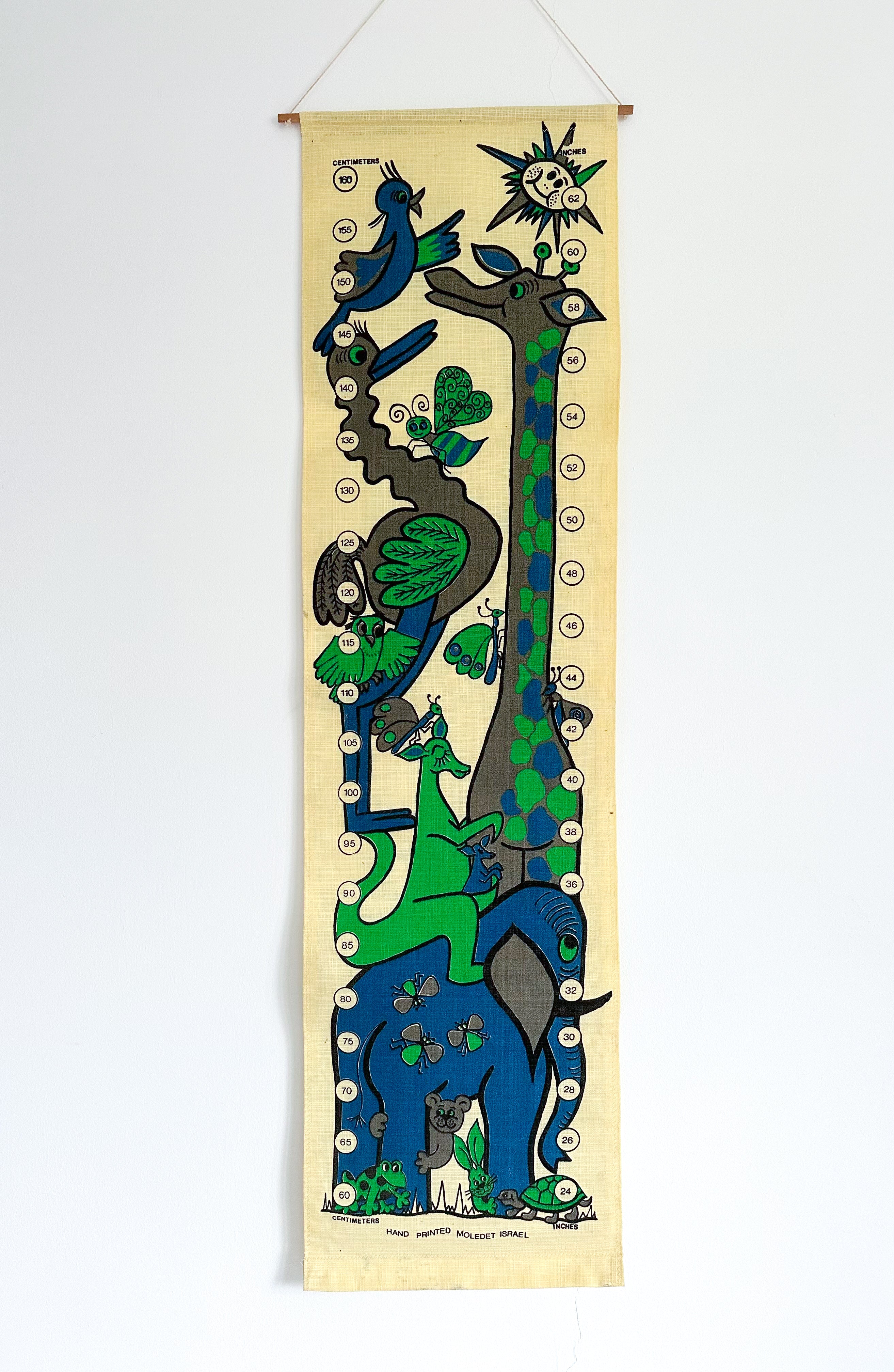 Vintage animal themed hand-printed fabric height chart / growth chart, featuring giraffe, kangaroo, elephant;by Moledet Israel - Moppet