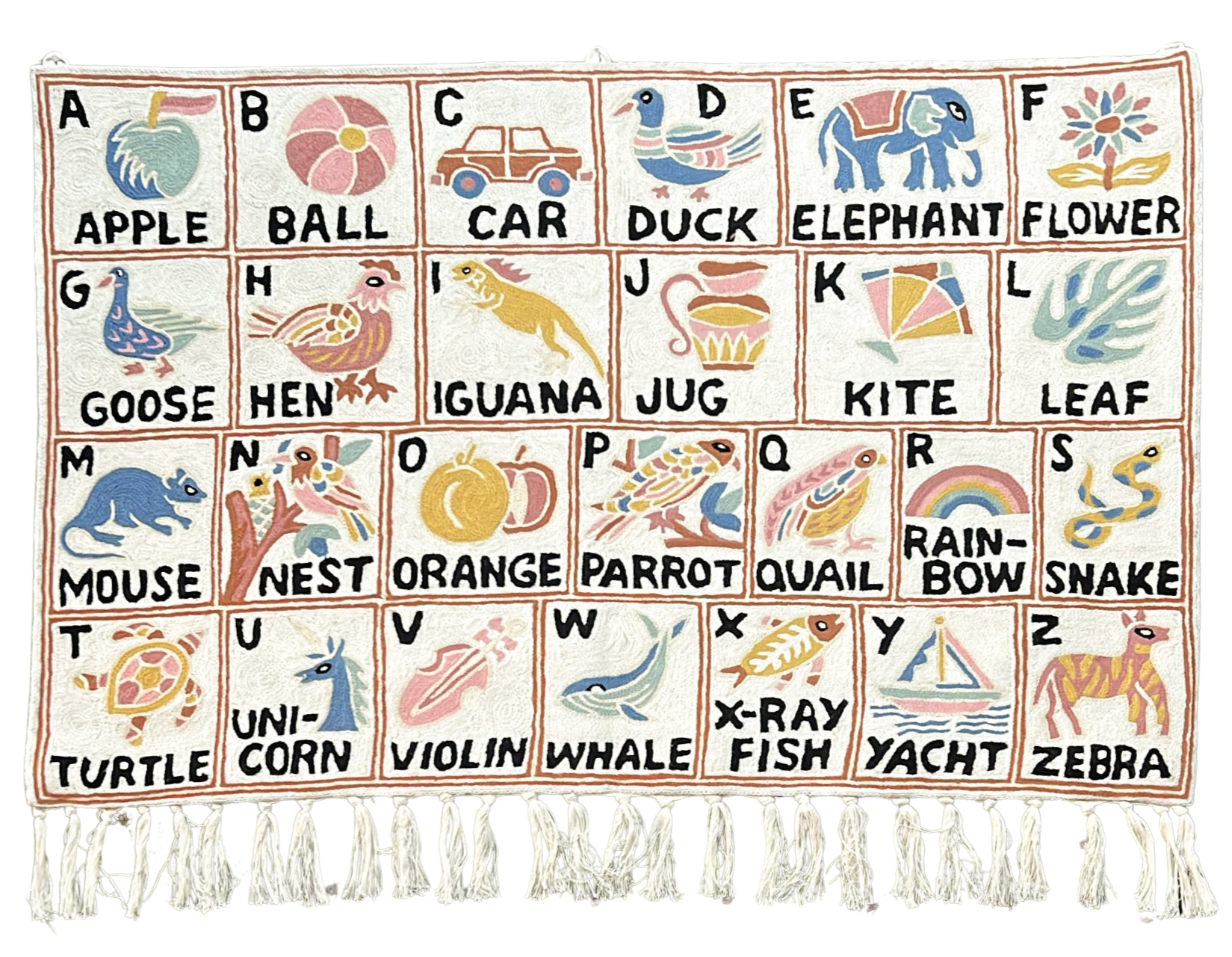 Handmade alphabet ABC crewel wall hanging tapestry  |  Aru (landscape) - Moppet