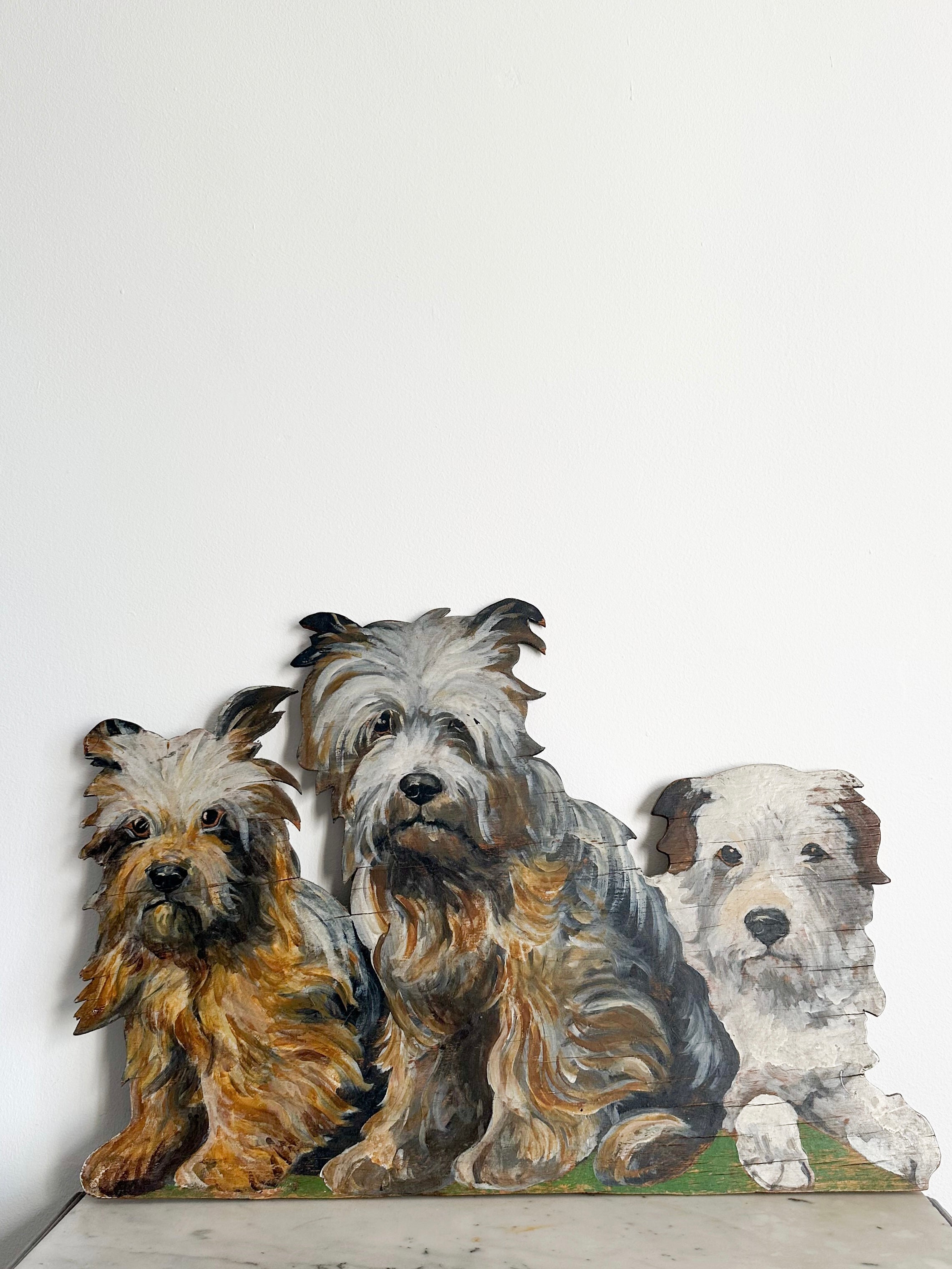 Vintage 1930s painting of terrier dogs on cut-out board