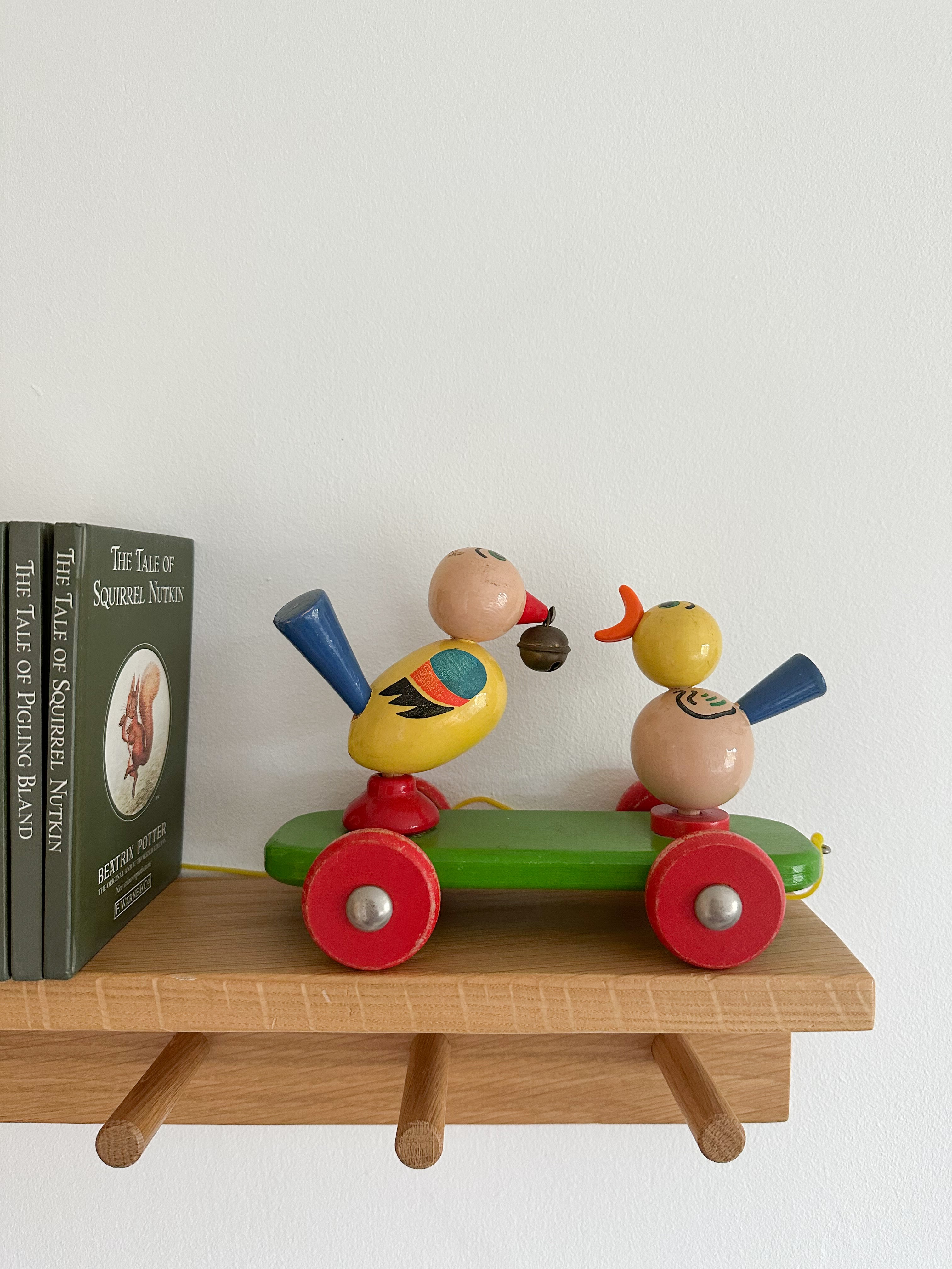 Vintage 1950s Swedish wooden mother and baby bird pull-along toy, by BRIO - Moppet