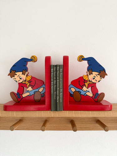 Pair of rare vintage wooden Noddy bookends, red and blue - Moppet