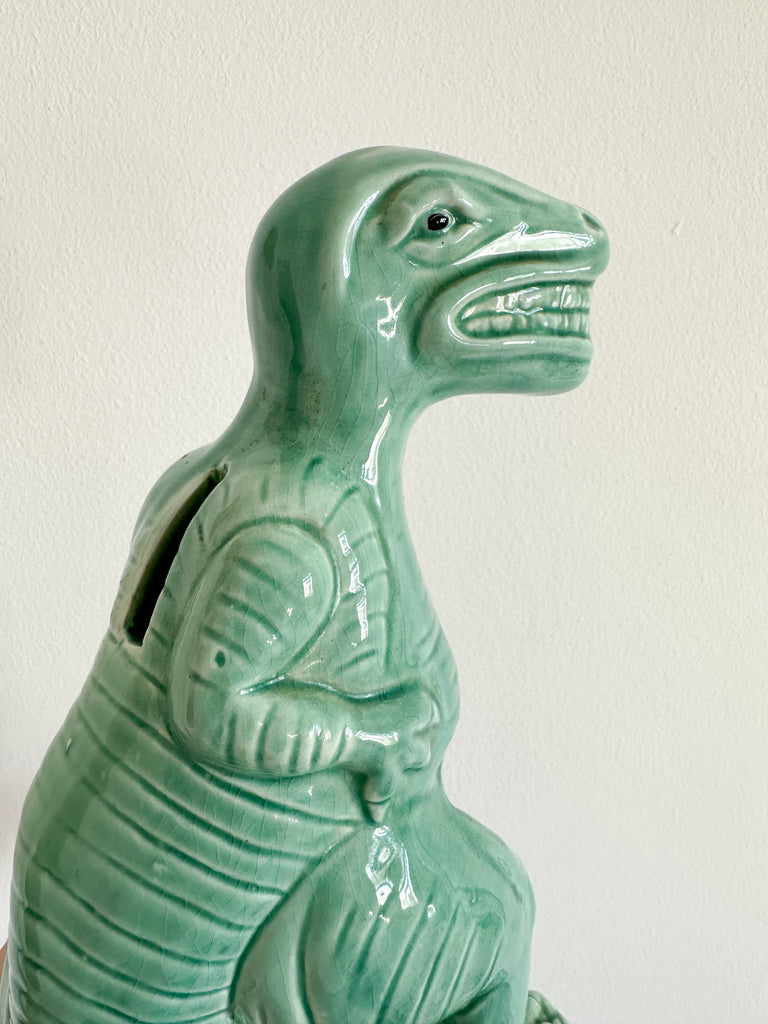 Vintage ceramic T-Rex/tyrannosaurus dinosaur piggy bank or money box, in turquoise green, by R Moss - Moppet