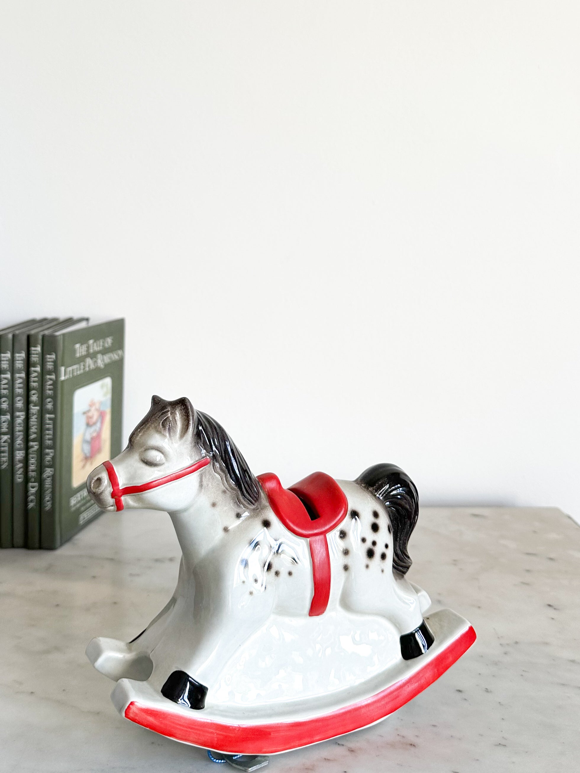 Vintage German ceramic rocking horse piggy bank or money box with key