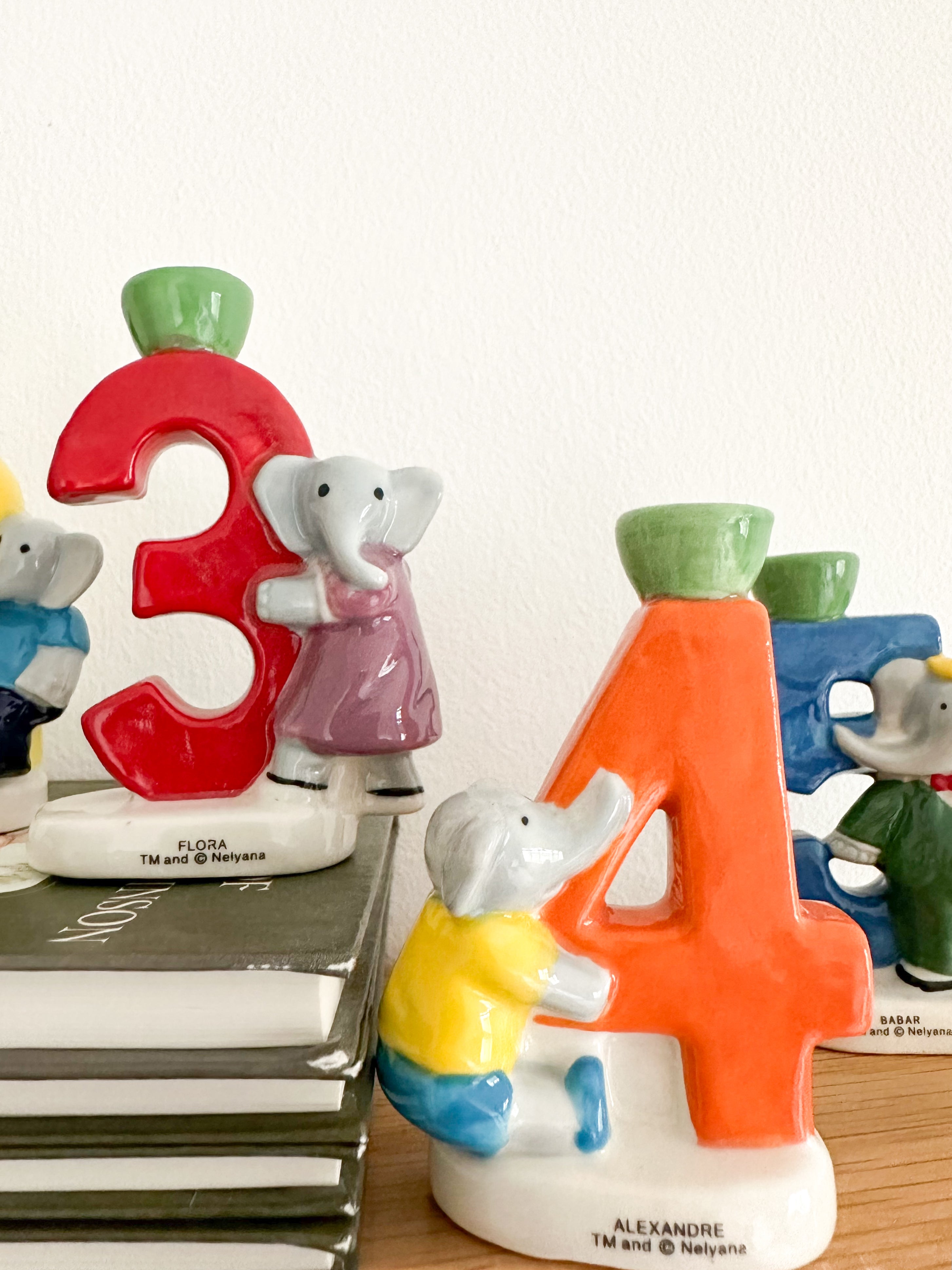 Vintage French ceramic china Babar the Elephant birthday candle holder set ages 1, 2, 3, 4, 5 - Moppet