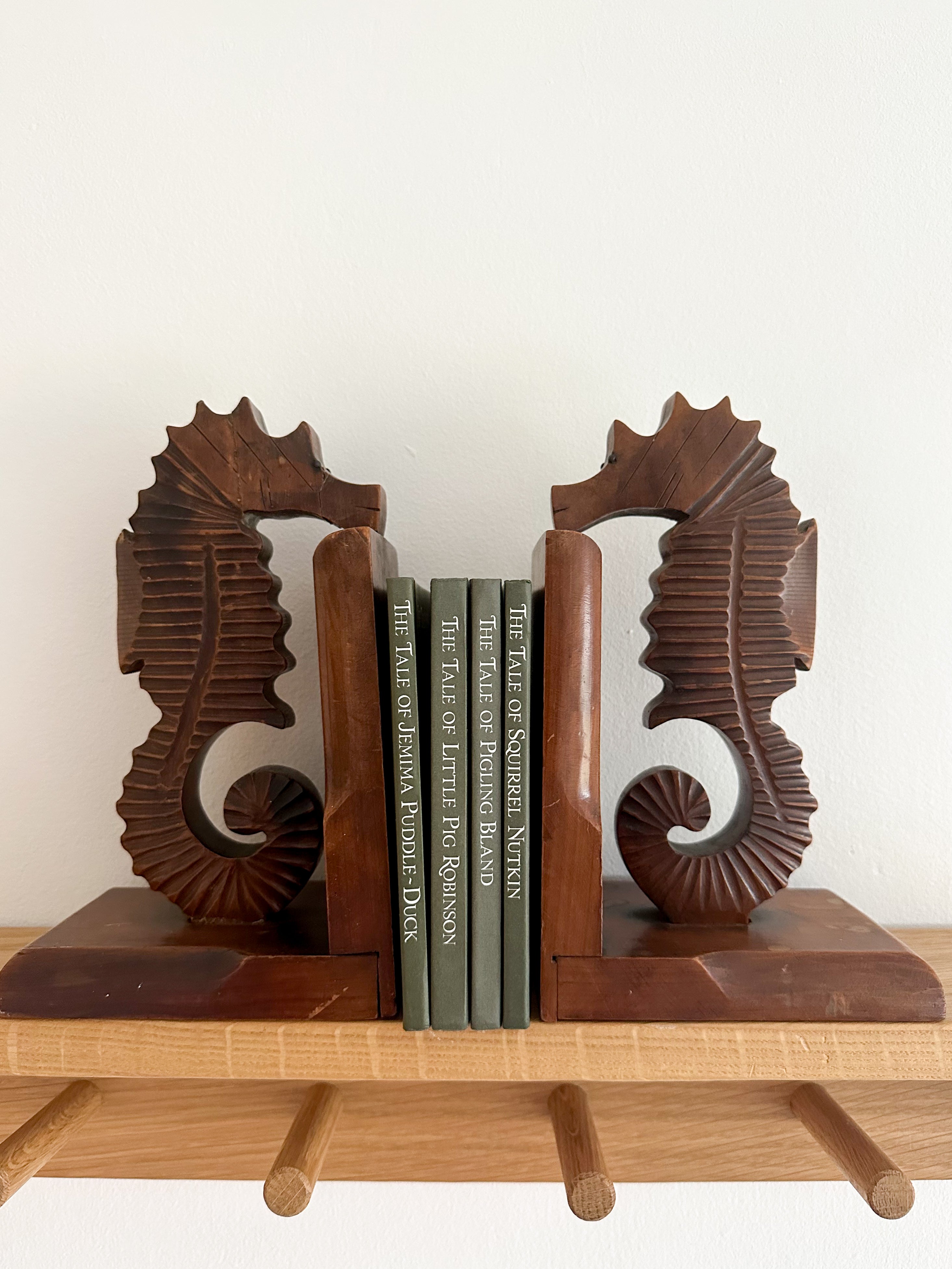 Pair of 1930s rare vintage hand-carved wooden Art Deco seahorse bookends (ocean/sealife/fish) - Moppet