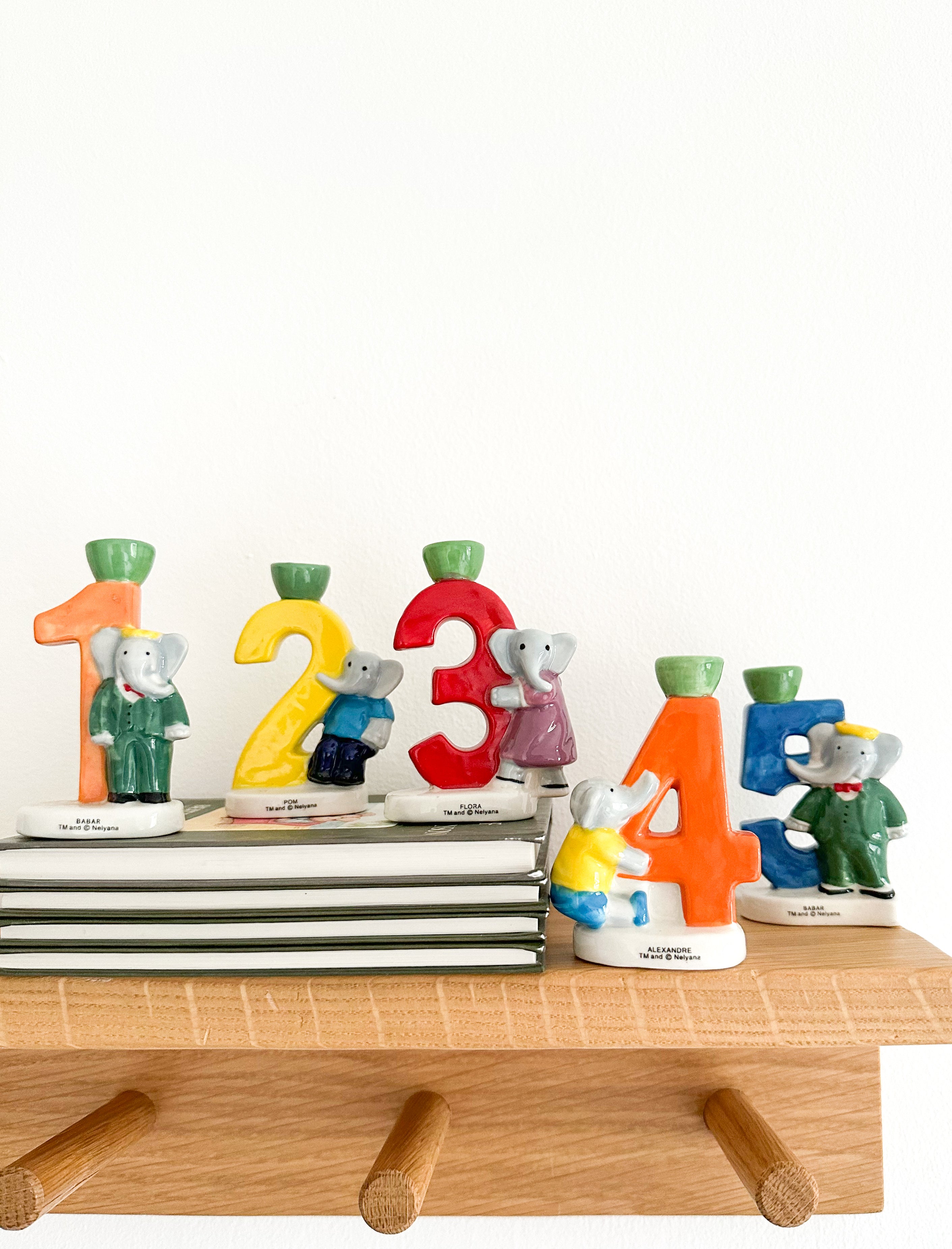 Vintage French ceramic china Babar the Elephant birthday candle holder set ages 1, 2, 3, 4, 5 - Moppet