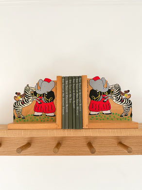 Pair of vintage 1991 wooden Babar bookends with zebra - Moppet