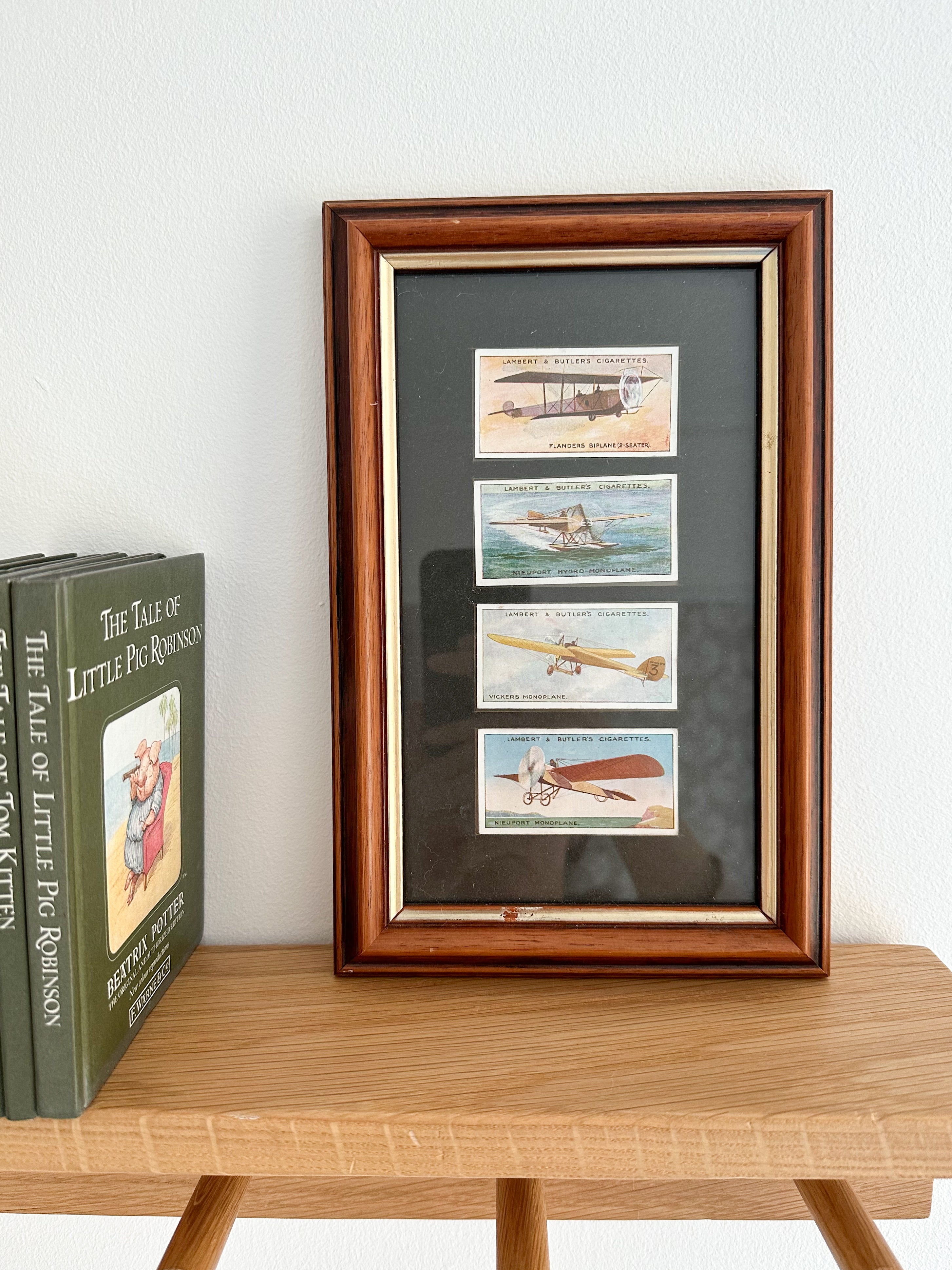 Framed 1932 collection of vintage collectable aeroplane/airplane cigarette cards, from Lambert & Butler’s ‘Aviation’ series - Moppet