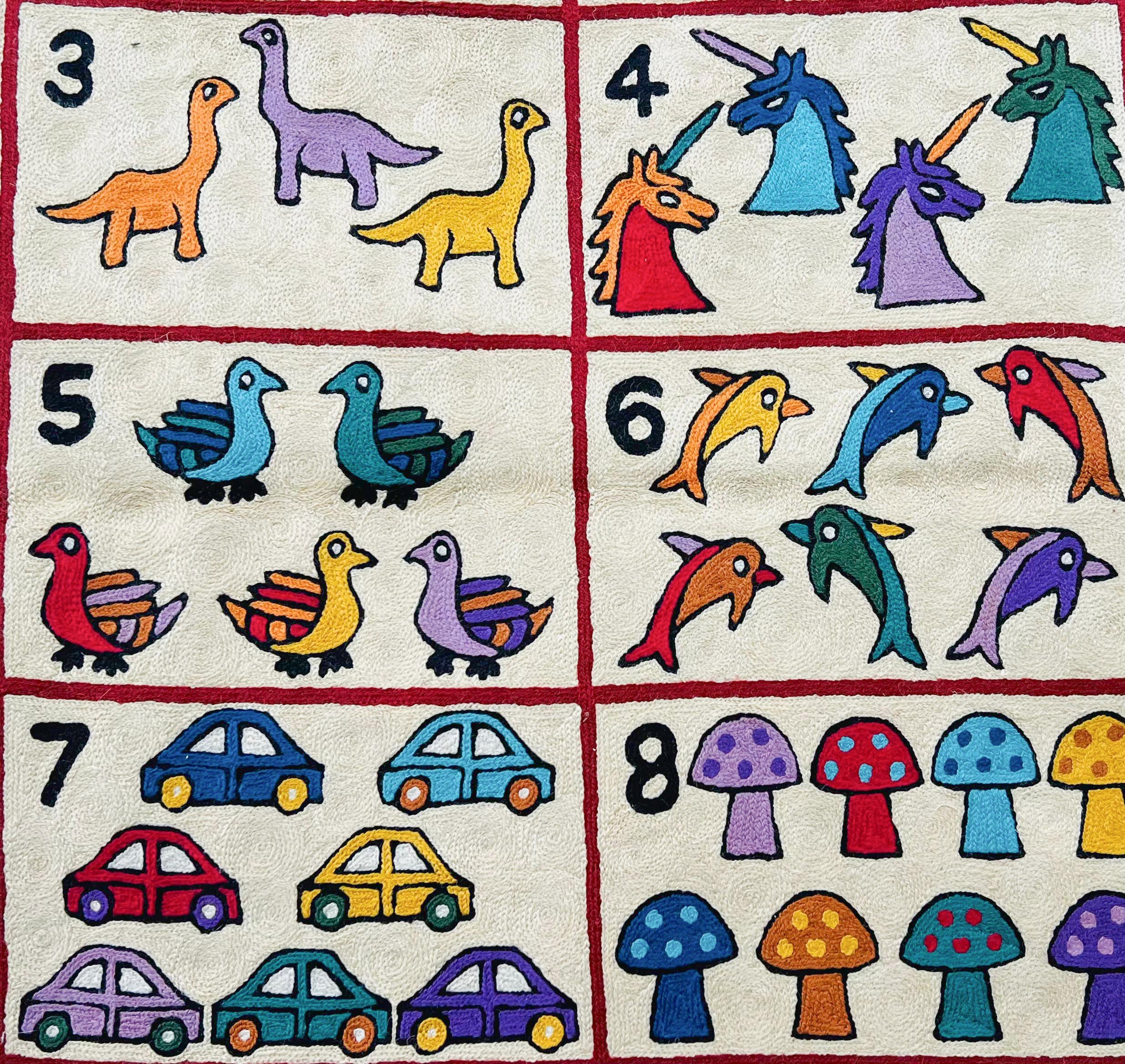Handmade Numbers 123 crewel wall hanging tapestry (feat. dinosaurs, unicorns, flowers, cars, trains and rainbows) | Nishat - Moppet