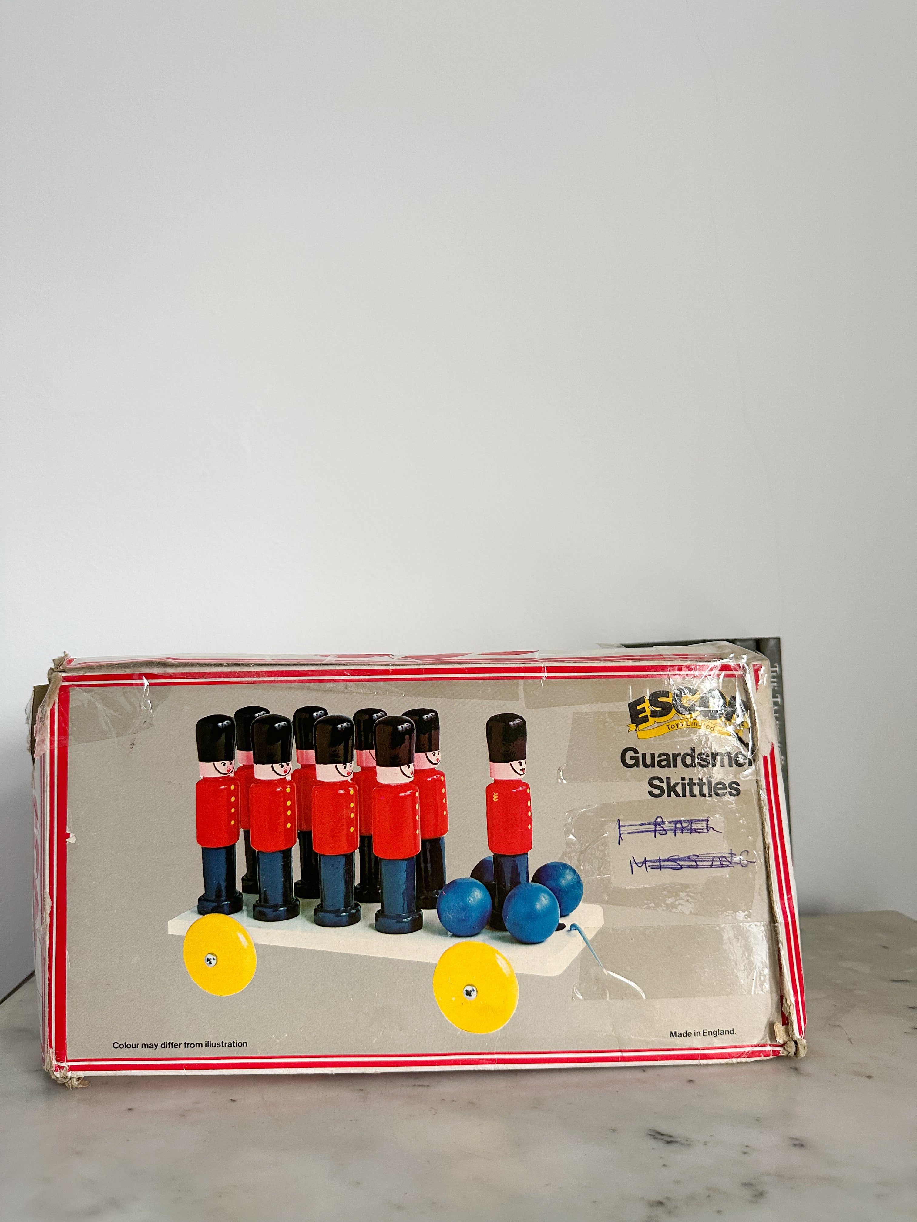 Vintage 1950s wooden Escor soldier skittles on trailer, British made - Moppet