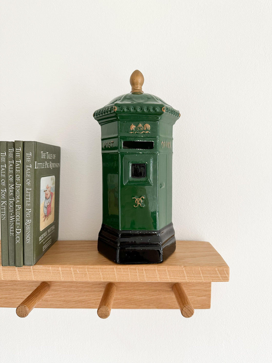 Vintage ceramic hexagonal ‘Penfold’ green post box money box, by Honiton Pottery, England - Moppet