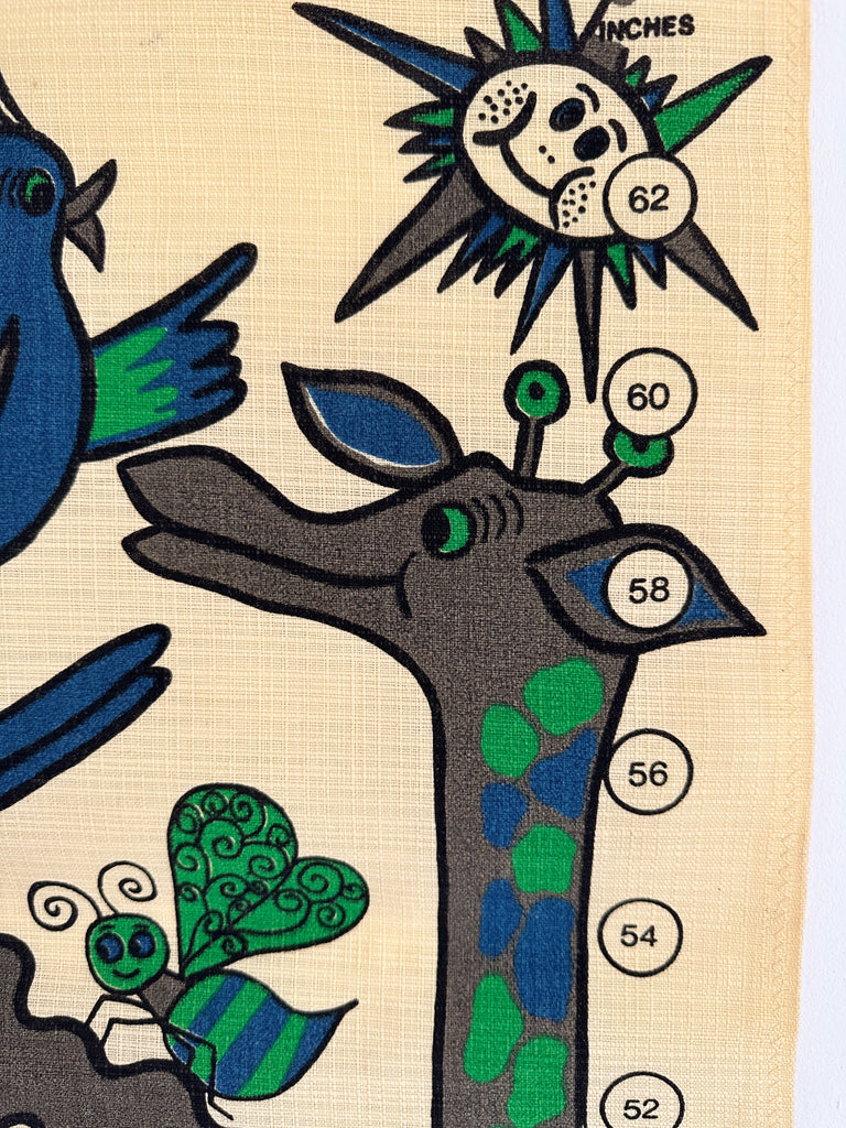 Vintage animal themed hand-printed fabric height chart / growth chart, featuring giraffe, kangaroo, elephant;by Moledet Israel - Moppet