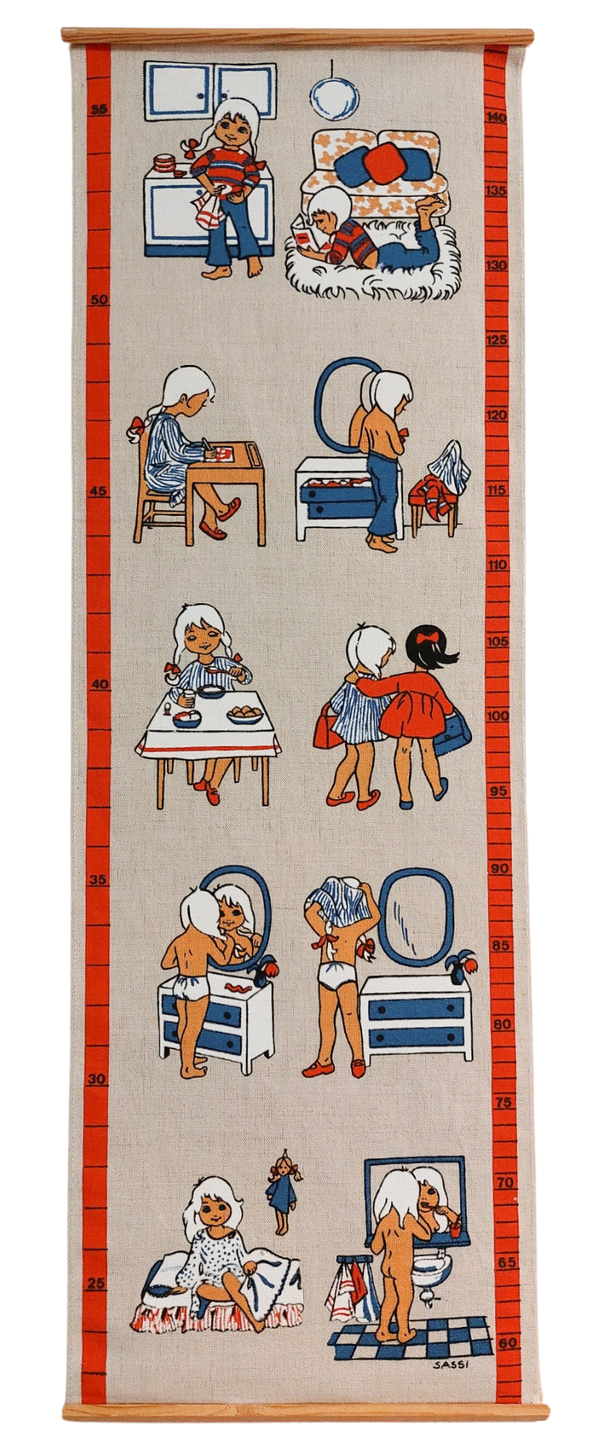 Vintage 1960s Swedish ‘daily routine’ themed hand-printed fabric/linen height chart / growth chart, featuring a little girl, by Sassi - Moppet