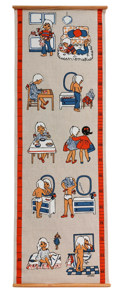 Vintage 1960s Swedish ‘daily routine’ themed hand-printed fabric/linen height chart / growth chart, featuring a little girl, by Sassi - Moppet