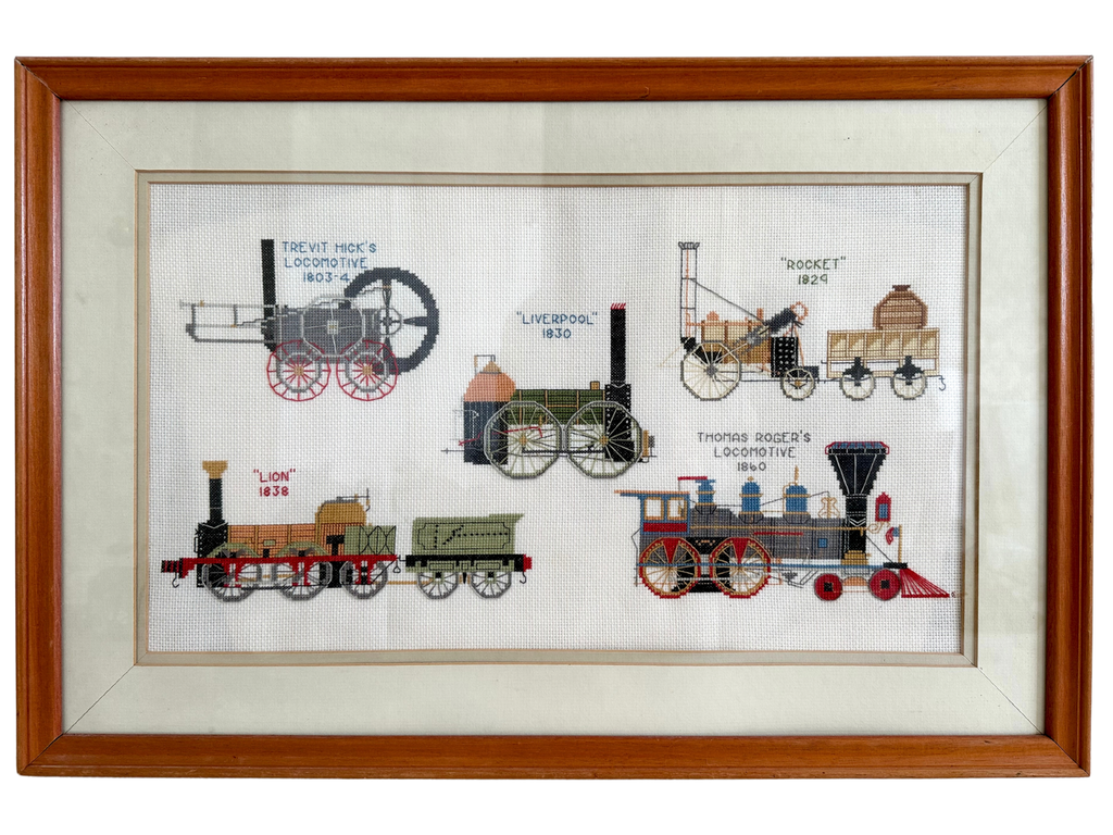Vintage framed cross stitch of a collection of steam trains / locomotives - Moppet
