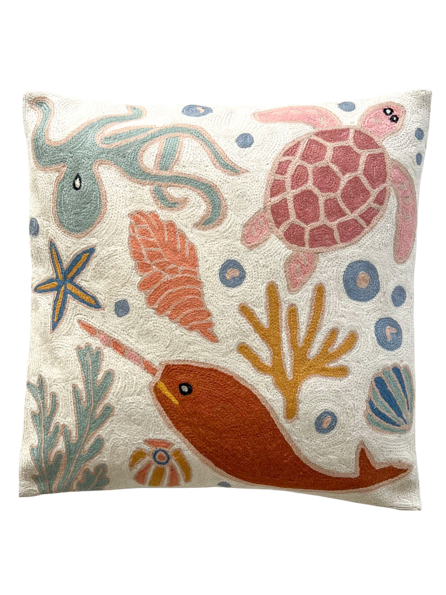 Handmade Ocean embroidered cushion cover | Aru - Moppet