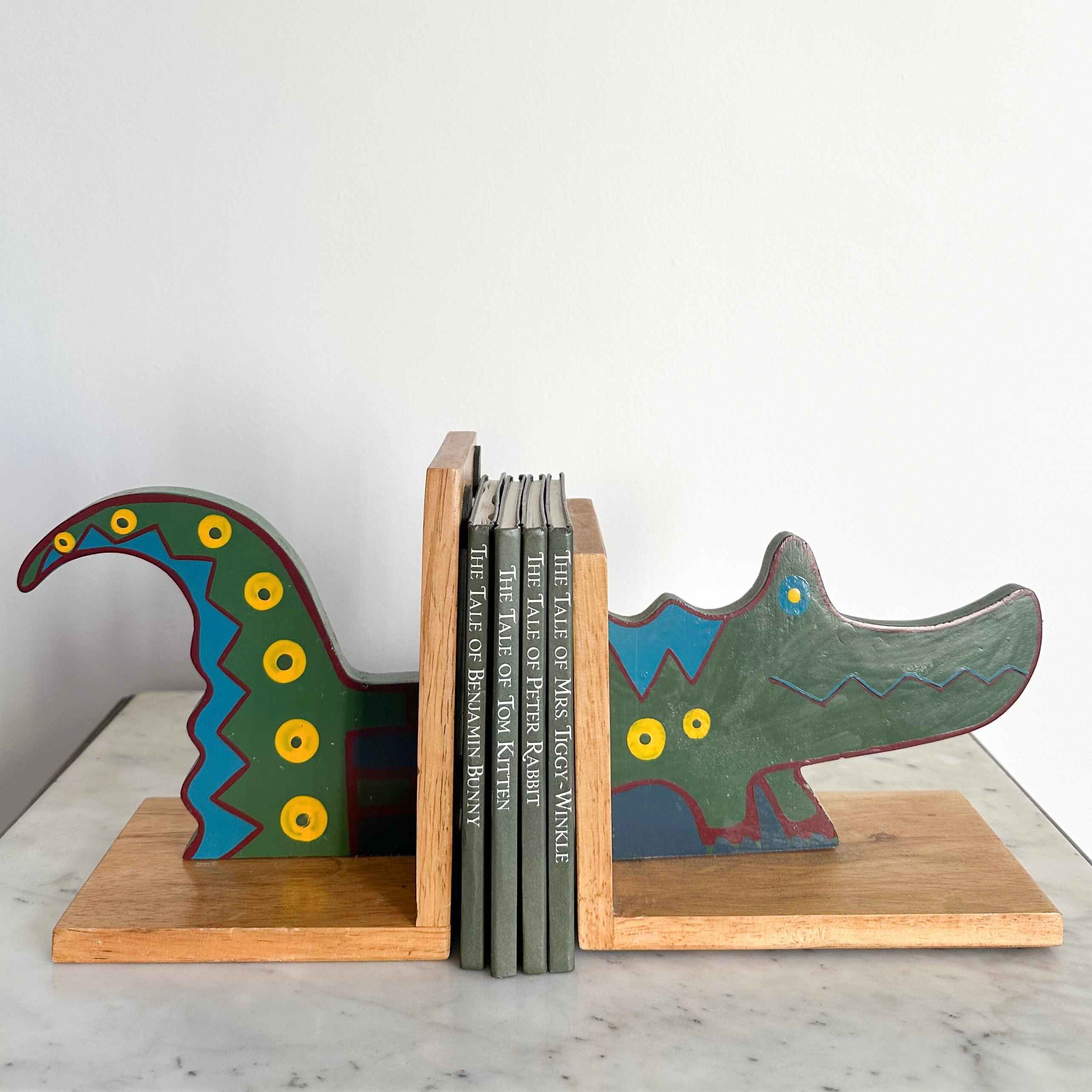 Pair of vintage handpainted wooden crocodile bookends