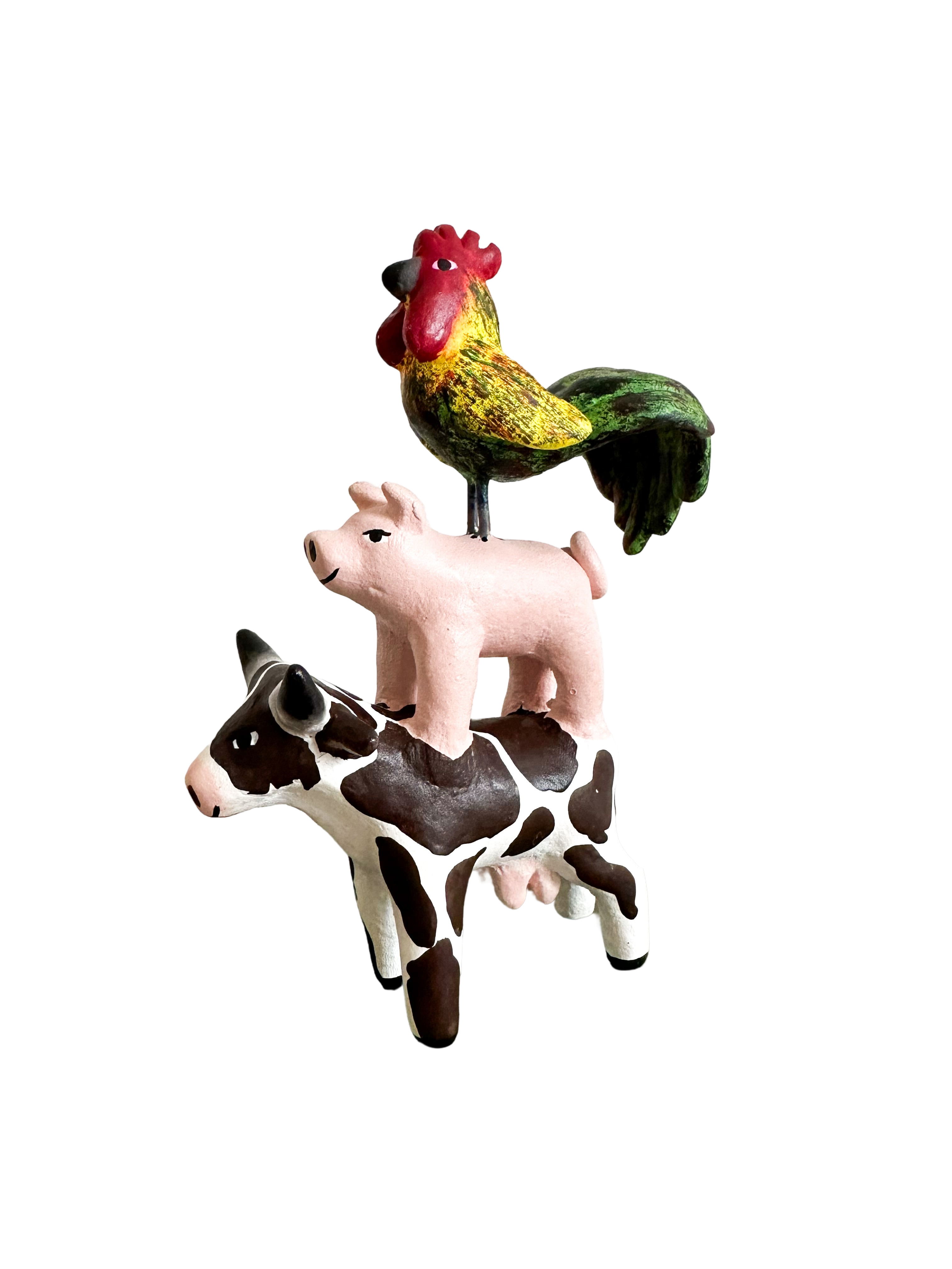 'Mexican menagerie' ceramic sculpture | Farmyard  (cow, pig, cockrel/rooster) - Moppet