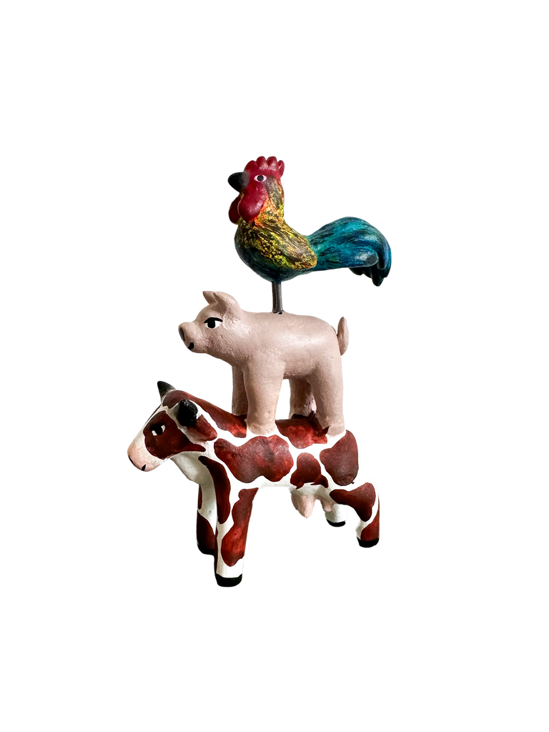 'Mexican menagerie' ceramic sculpture | Farmyard  (cow, pig, cockrel/rooster) - Moppet