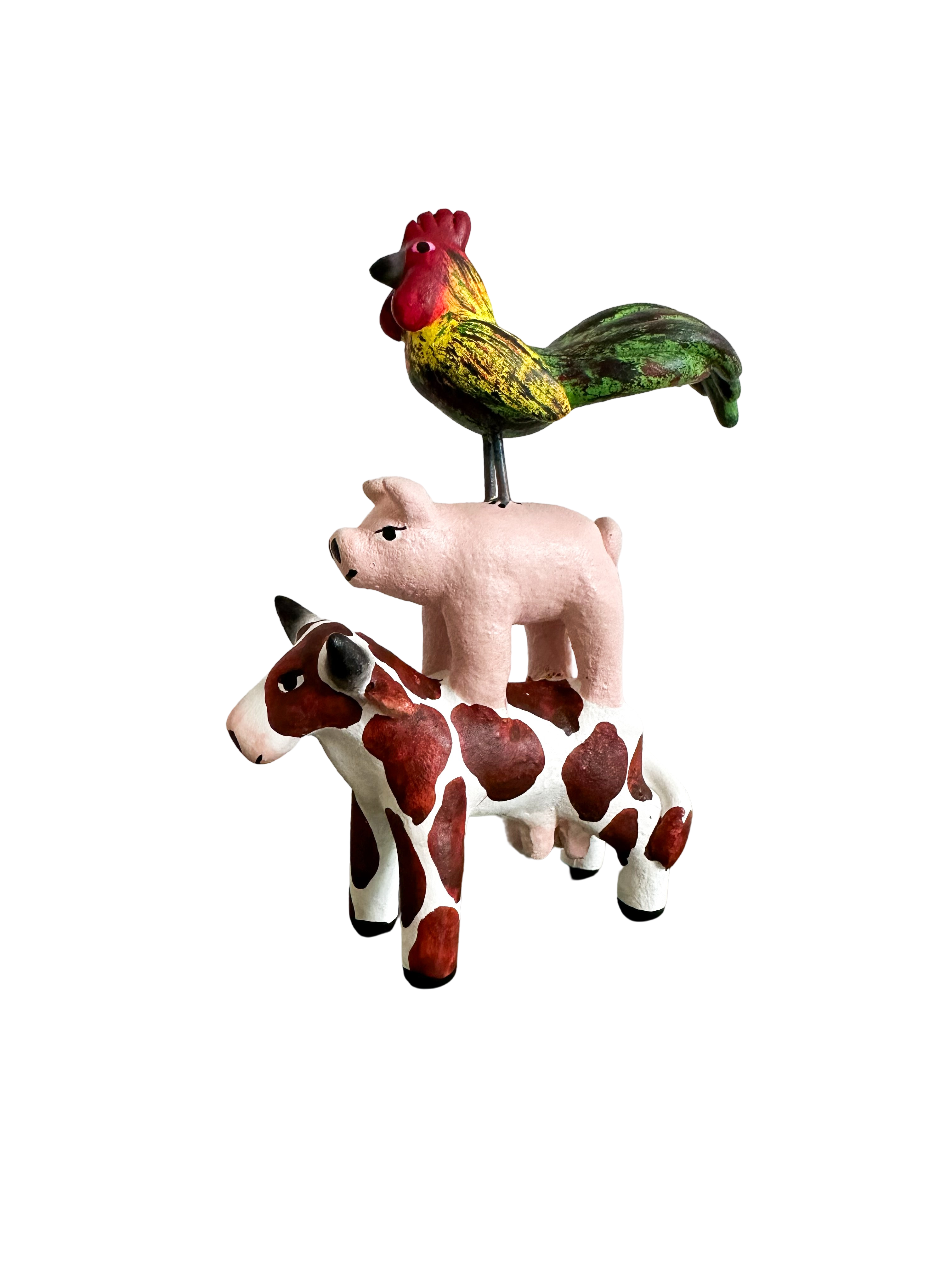 'Mexican menagerie' ceramic sculpture | Farmyard  (cow, pig, cockrel/rooster) - Moppet