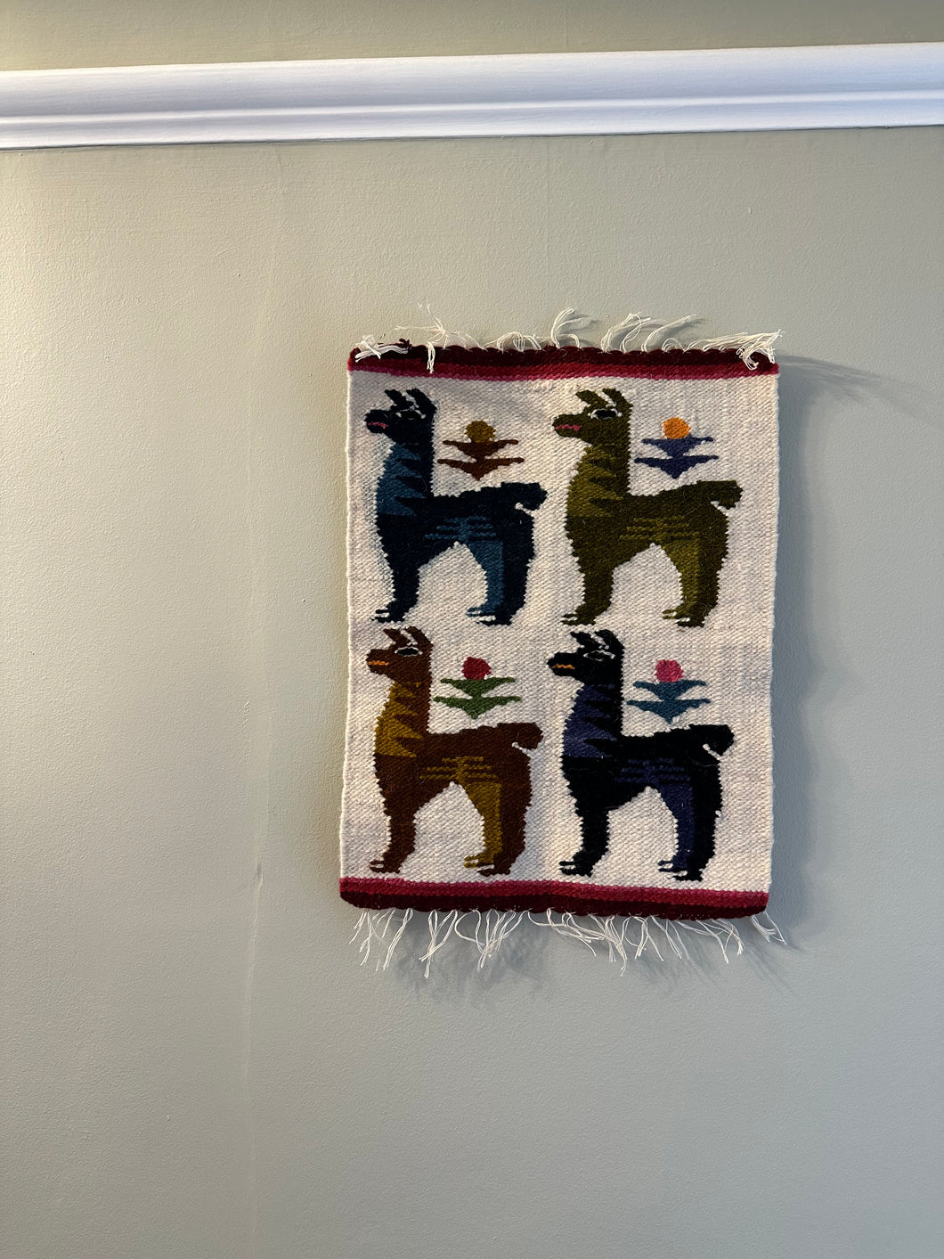 Vintage hand-woven South American wool wall hanging tapestry of llamas/alpacas - Moppet