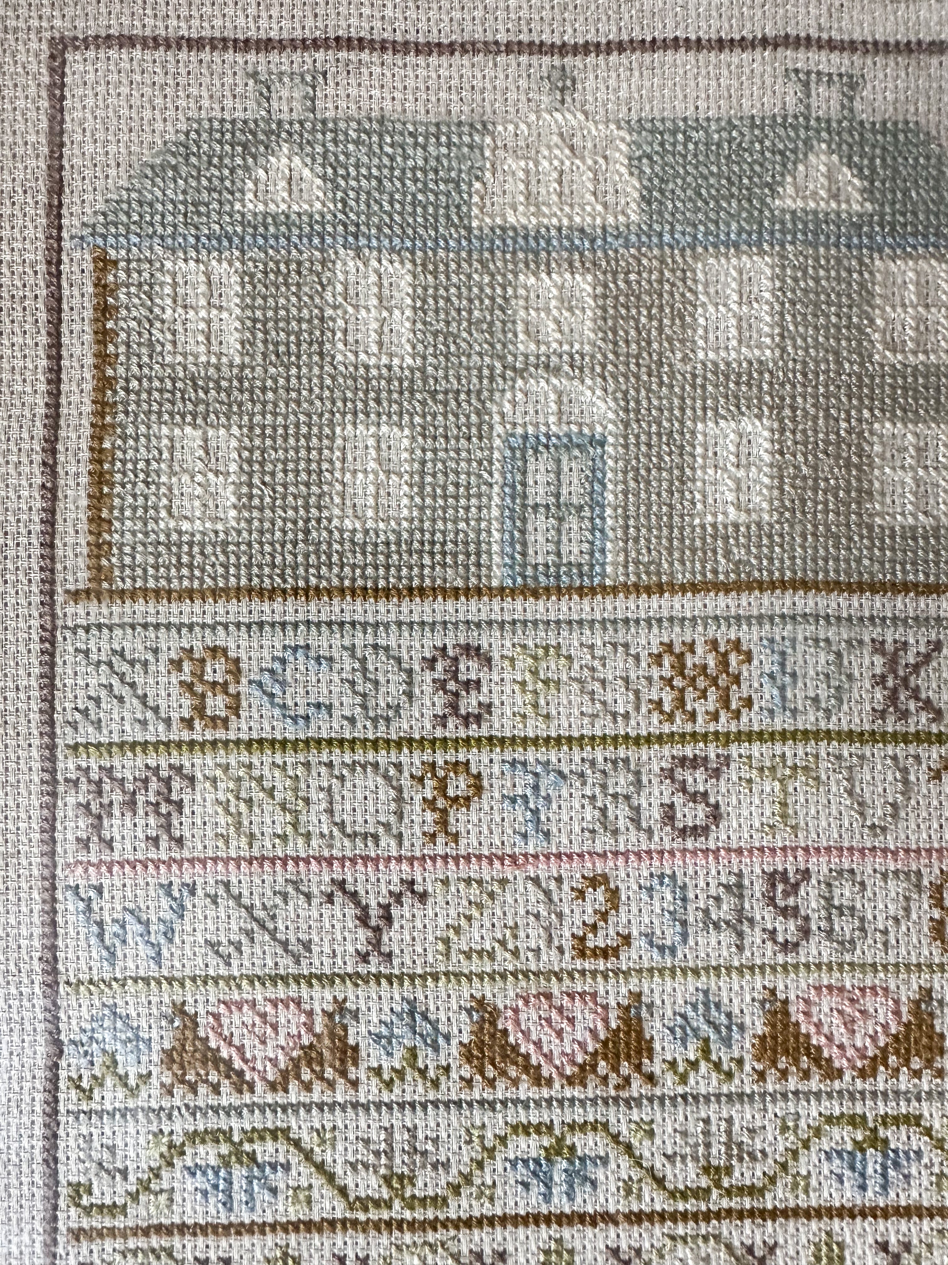 Vintage Alphabet ABC and Numbers Cross Stitch or Neddlepoint Framed Sampler with House - Moppet