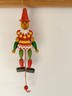 Vintage 1970 Austrian wooden jester jumping jack string puppet or 'hampelmann' - Moppet