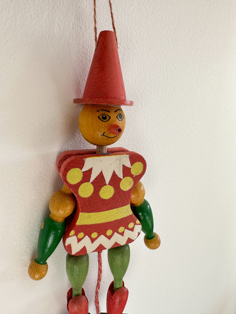 Vintage 1970 Austrian wooden jester jumping jack string puppet or 'hampelmann' - Moppet
