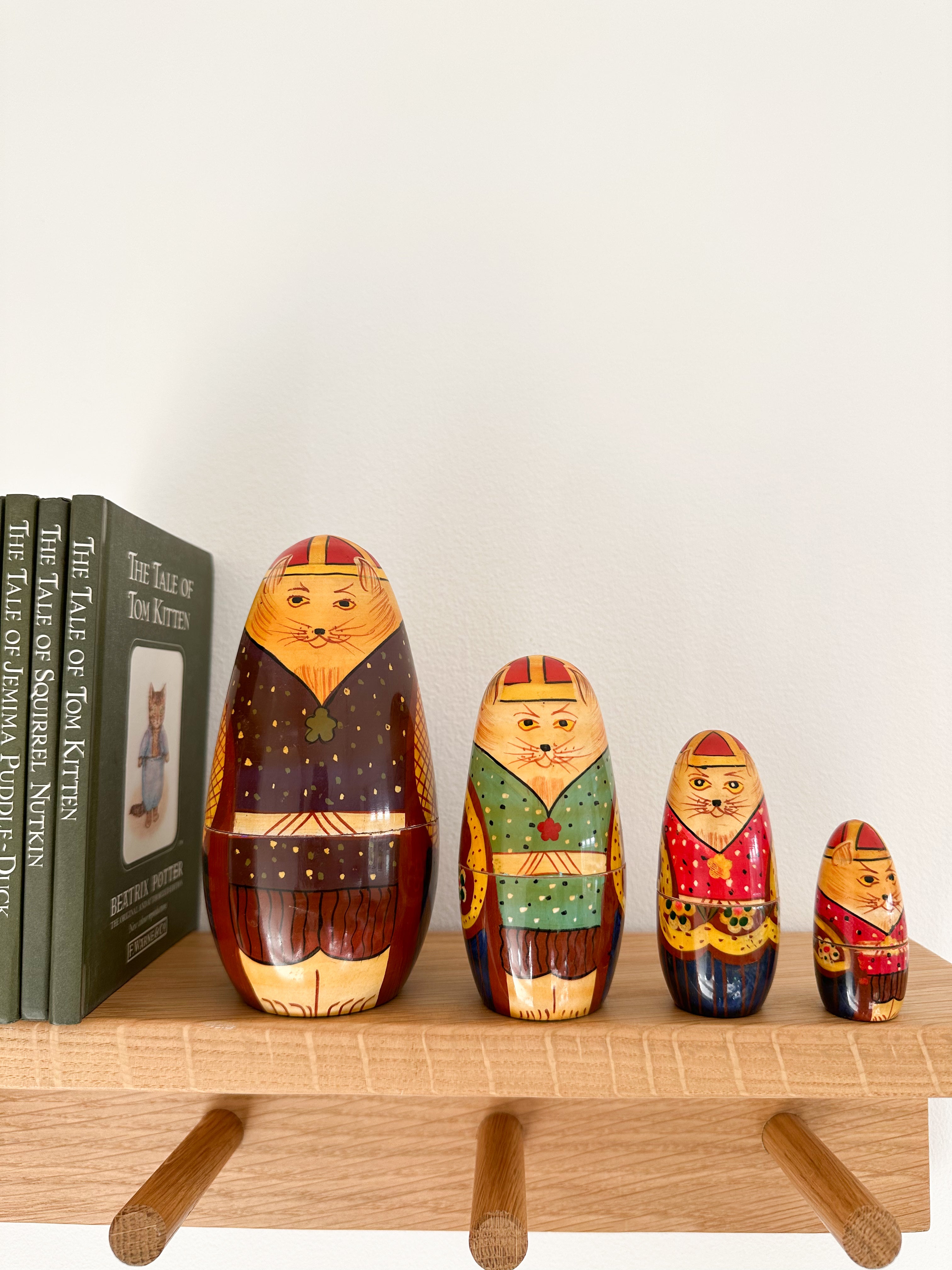 Vintage wooden nesting cats in suits Russian Matryoshka dolls - Moppet