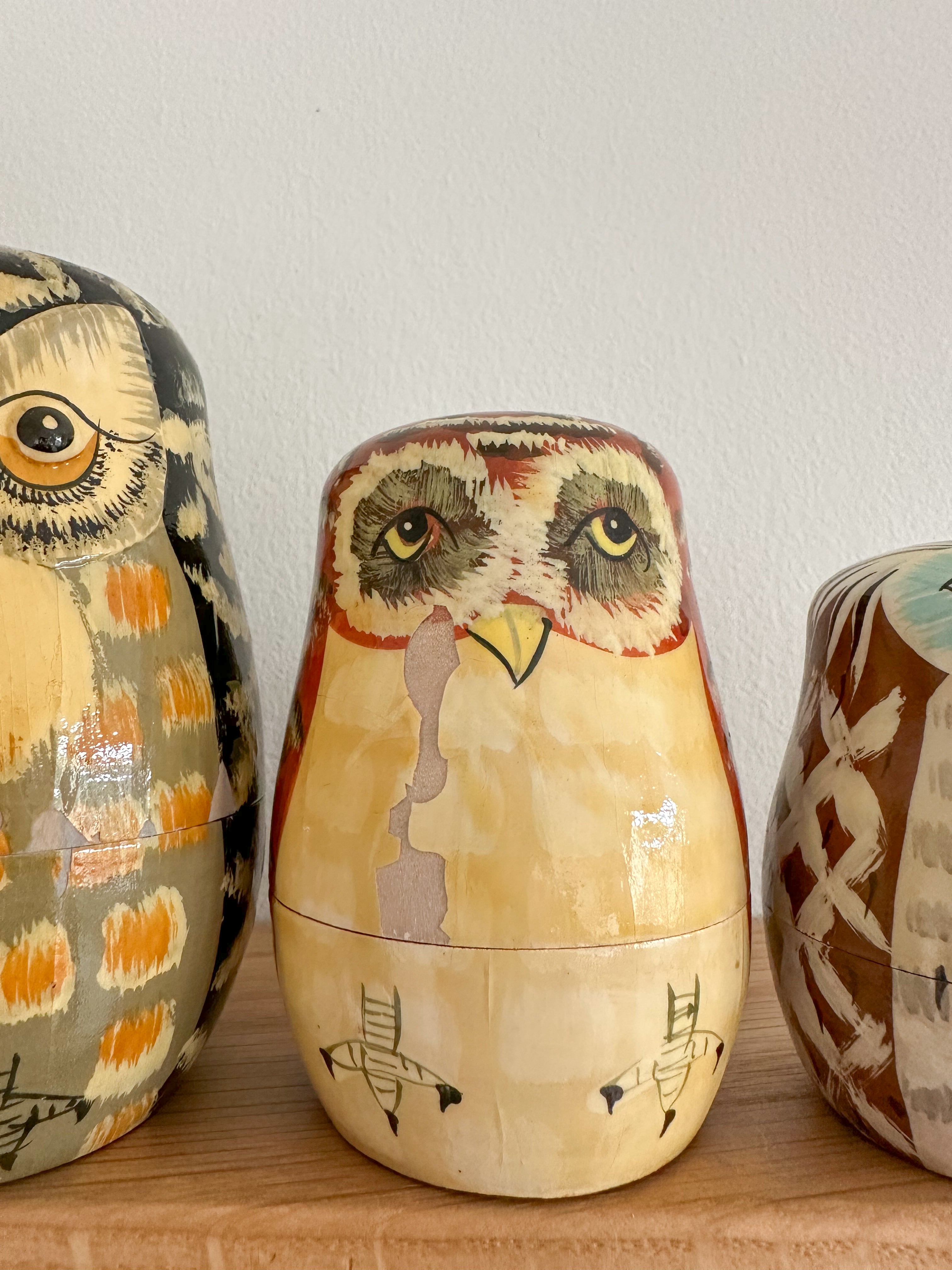 Vintage wooden nesting owl Russian Matryoshka dolls - Moppet