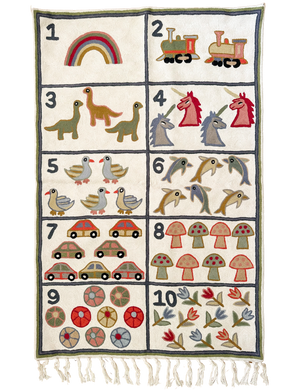 Handmade numbers 123 crewel wall hanging tapestry (feat. dinosaurs, unicorns, flowers, cars, trains and rainbows) | Sumbal - Moppet