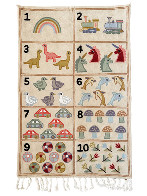 Handmade numbers 123 crewel wall hanging tapestry (feat. dinosaurs, unicorns, flowers, cars, trains and rainbows) | Suru - Moppet