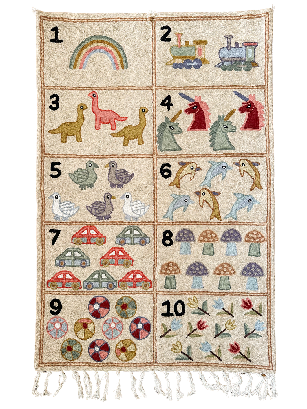 Handmade numbers 123 crewel wall hanging tapestry (feat. dinosaurs, unicorns, flowers, cars, trains and rainbows) | Suru - Moppet