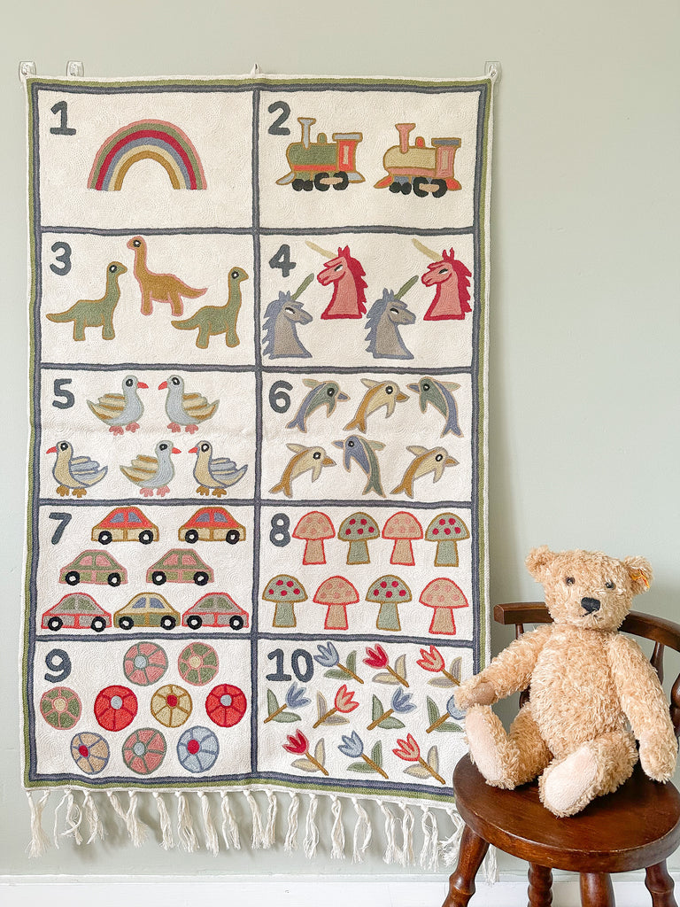Handmade numbers 123 crewel wall hanging tapestry (feat. dinosaurs, unicorns, flowers, cars, trains and rainbows) | Sumbal | PREORDER - Moppet
