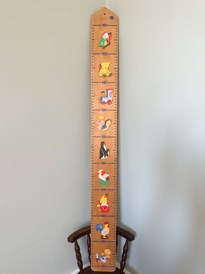Vintage 1980s wooden German measuring stick or height chart,featuring a train, teddy bear and penguin, by Mertens Kunst - Moppet