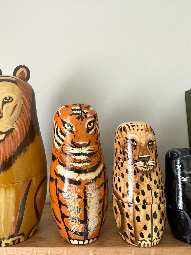 Vintage wooden big cat nesting Russian Matryoshka dolls, lion, tiger, leopard, puma/panther, cheetah - Moppet