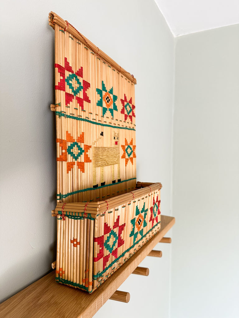 Vintage folk art bamboo letter rack/basket or desk tidy, feat. lion and stars motif, wall mounted or free standing - Moppet