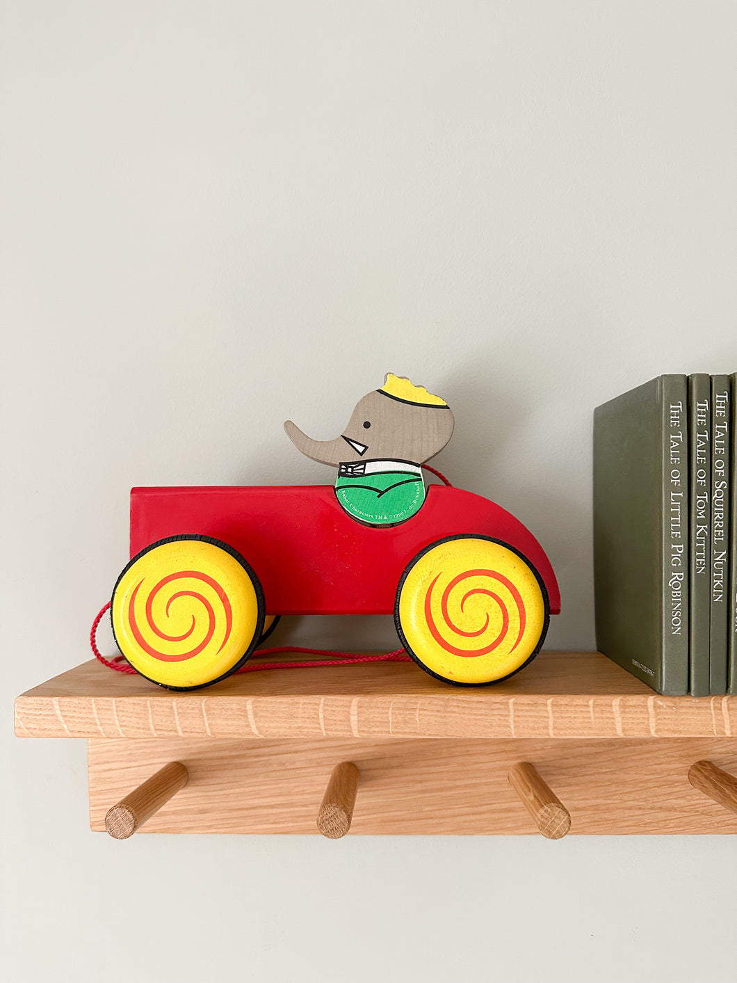 Vintage large wooden Babar in pull-along car with bell - Moppet