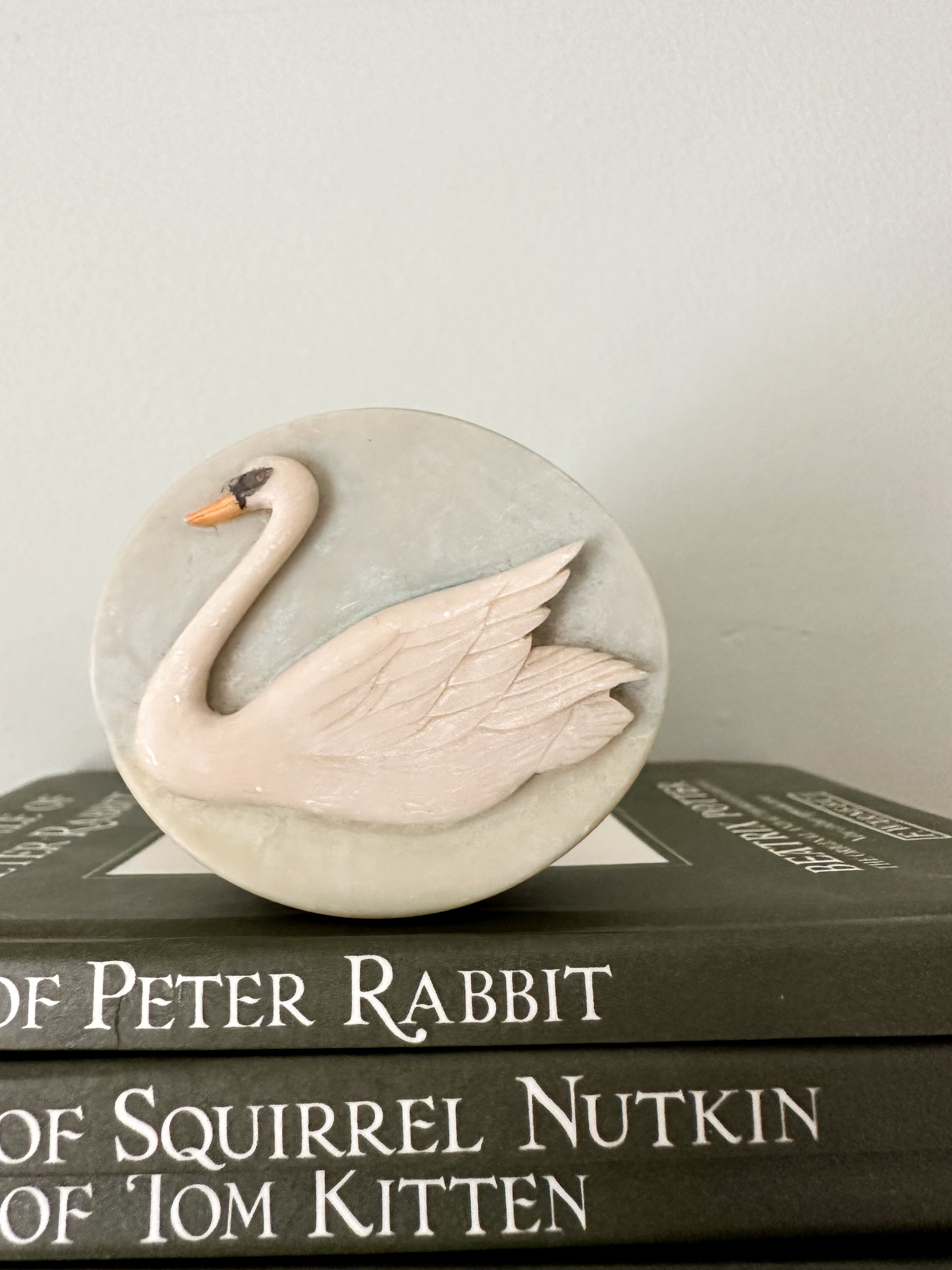 Vintage hand-carved soapstone trinket box with swan - Moppet