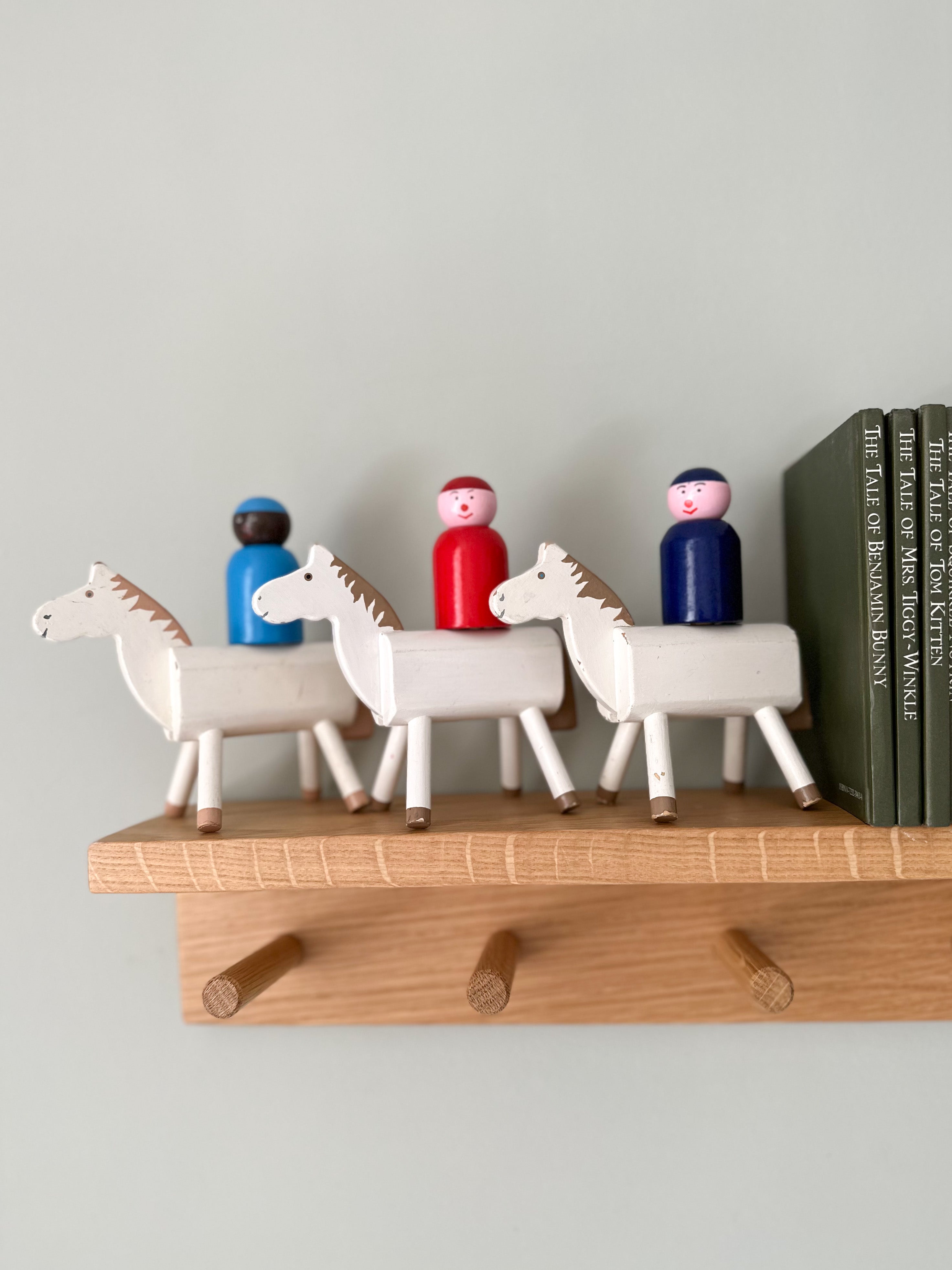 Vintage 1950s wooden Escor horse with peg-doll rider, British made - Moppet