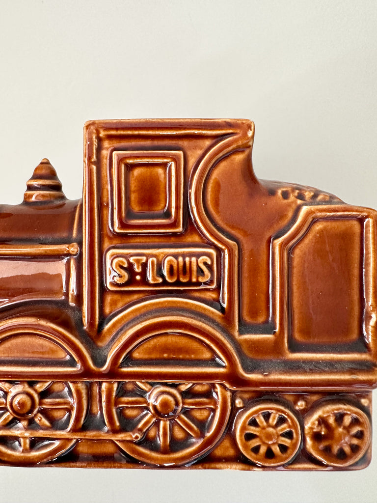 Vintage ceramic steam engine train 'St Louis' money box or ‘piggy bank’ in tan brown, by Price & Kensington - Moppet
