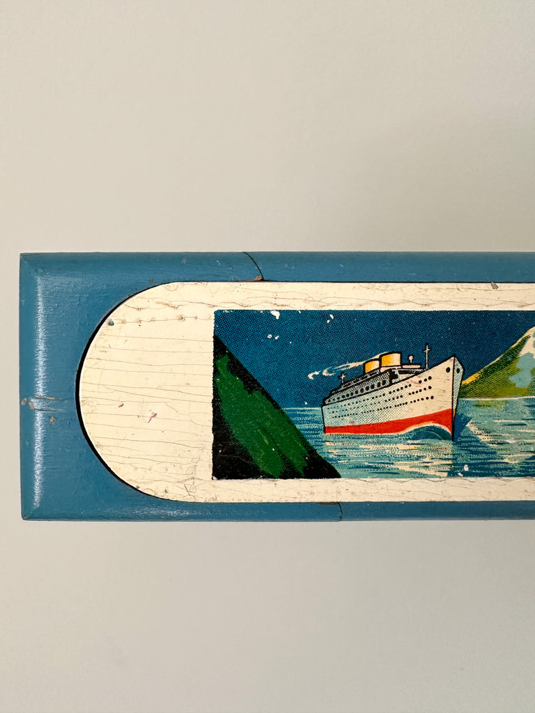 Vintage hand-painted wooden pencil box with steam liner ship motif - Moppet