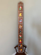 Load image into Gallery viewer, Vintage 1980s wooden German measuring stick or height chart,featuring a train, teddy bear and penguin, by Mertens Kunst - Moppet
