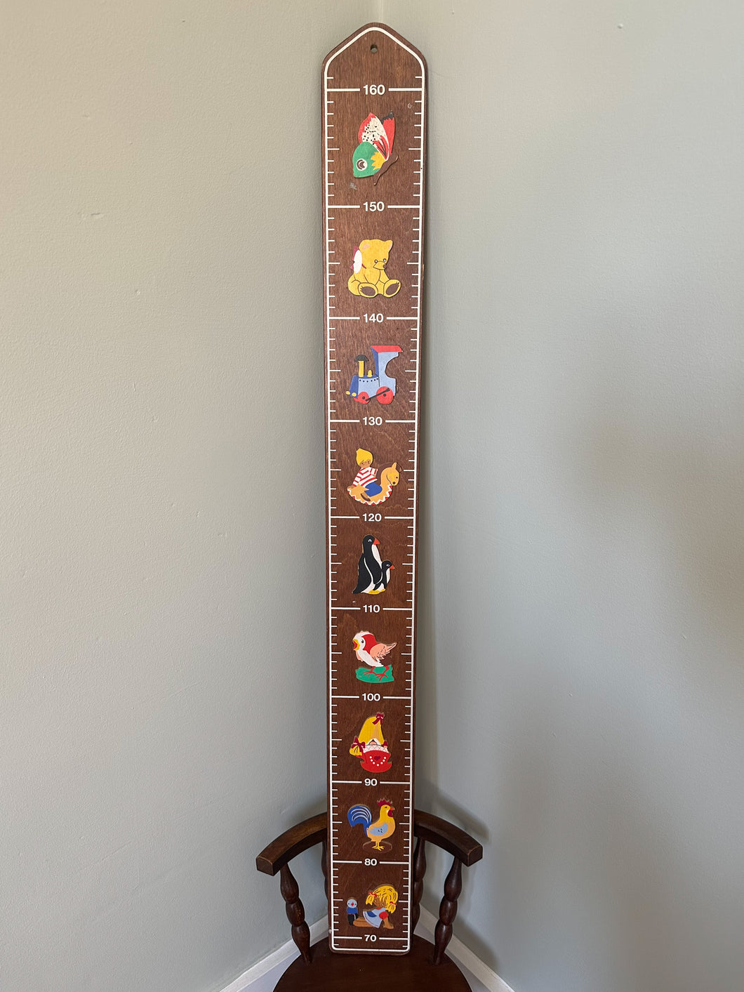 Vintage 1980s wooden German measuring stick or height chart,featuring a train, teddy bear and penguin, by Mertens Kunst - Moppet