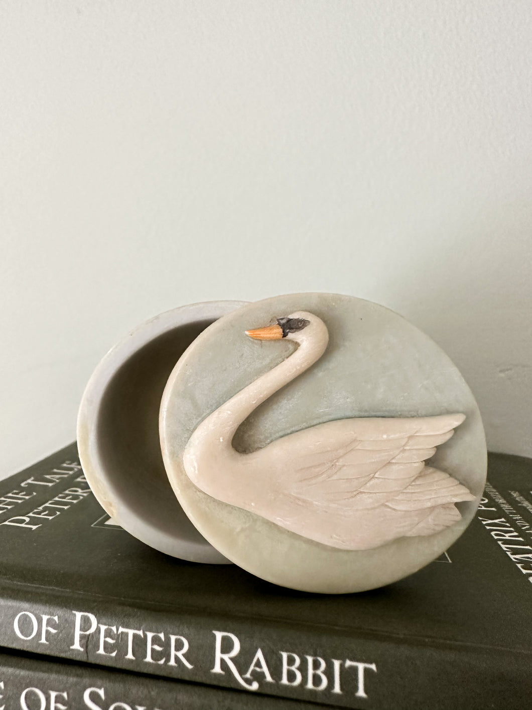 Vintage hand-carved soapstone trinket box with swan - Moppet
